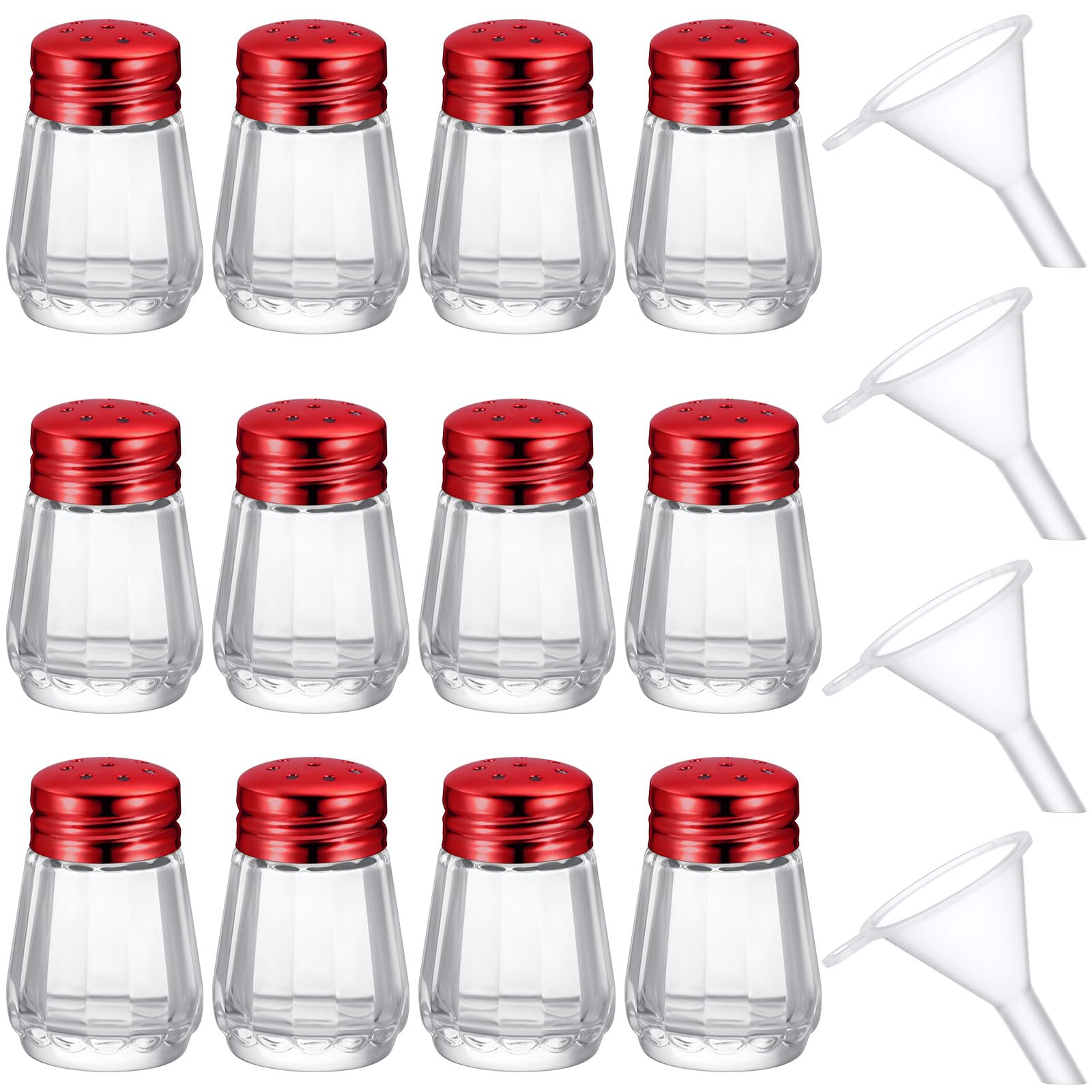 Potchen 12 Pcs 0.5 oz Small Salt and Pepper Shakers with Funnels Clear Mini Glass Seasoning Jars Bulk Tiny Spice Glass for Weddi