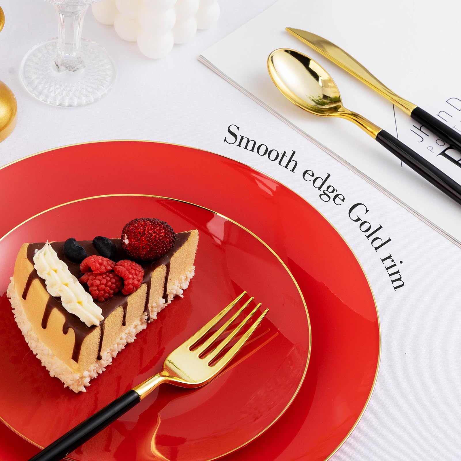 Bestluck 100Pcs Red Plastic Plates, Red Disposable Plates For 50 Guests, Red And Gold Plates Include 50 Red Party Plates, 50 Red