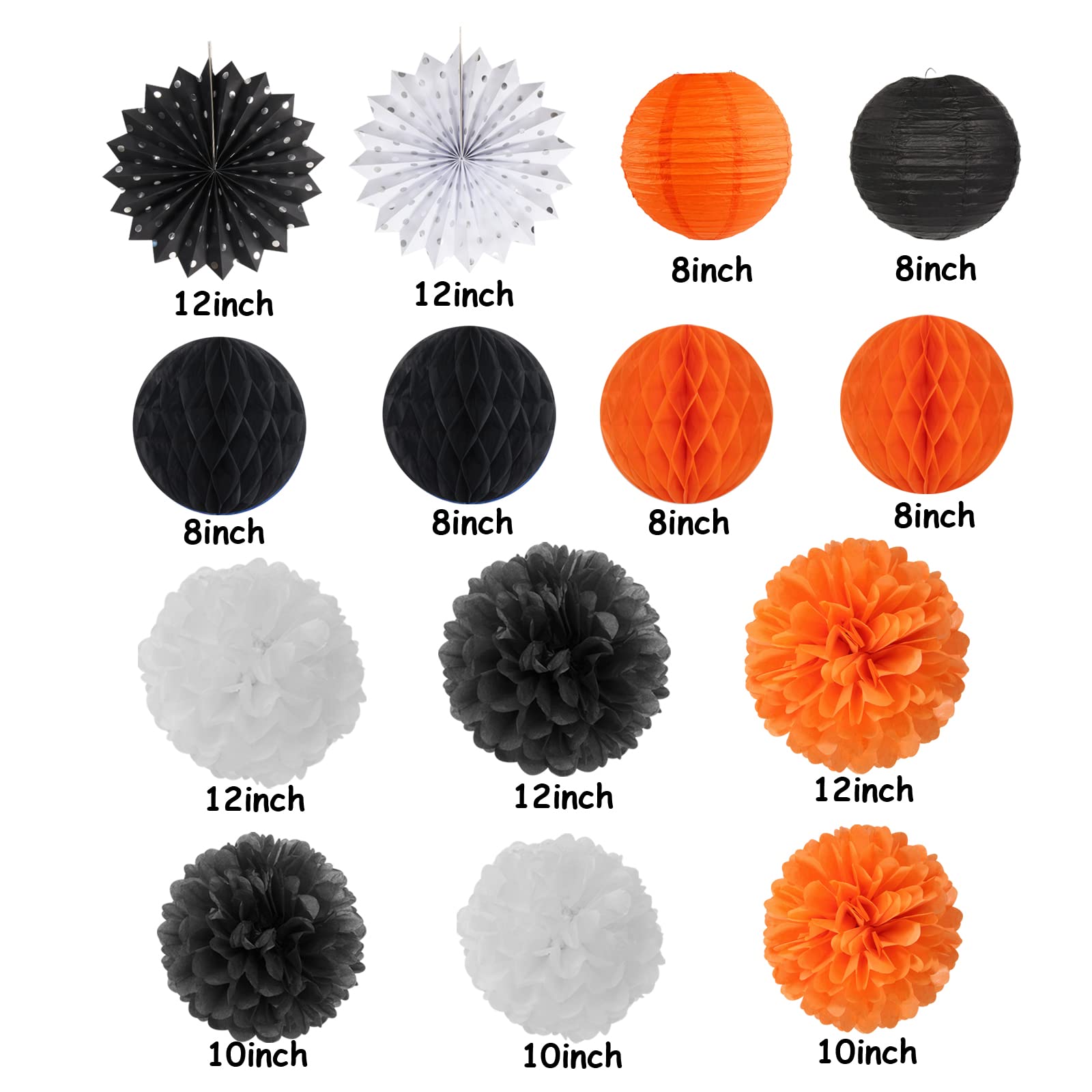 Black Orange White Halloween Party-Decorations - 14Pc Kit Paper Lanterns Fan,Tissue Flower Pom Poms Streamers,Honeycomb Balls,Gr