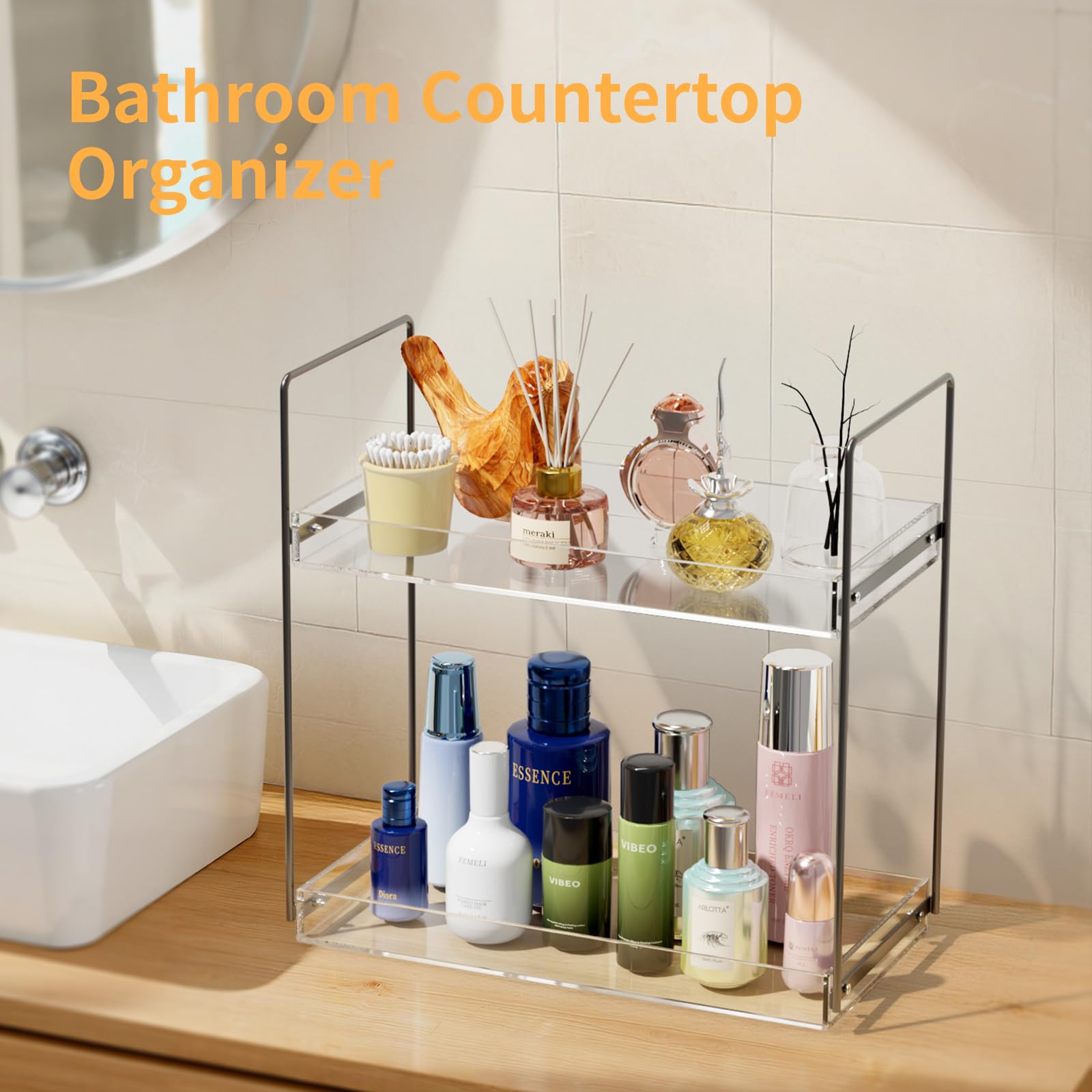 NPPLUS Bathroom Countertop Organizer  2 Tier Acrylic Tray Vanity Counter Skincare Organizer Shelf  Home Storage Holder for Lotion Makeup Cosmetics Perfume Spice  Black+Clear