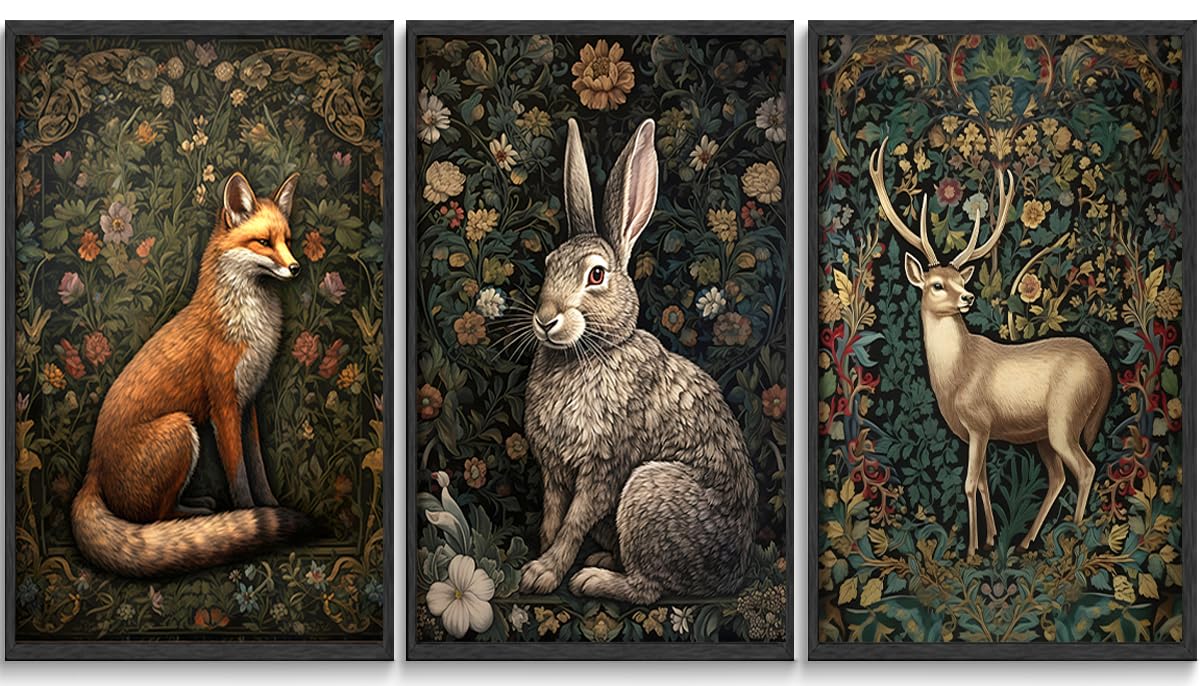 3Pcs William Morris Animal Wall Art Fox Rabbit Sika Deer Canvas Posters Prints Forest Wild Animal Pictures Paintings Gothic Bota