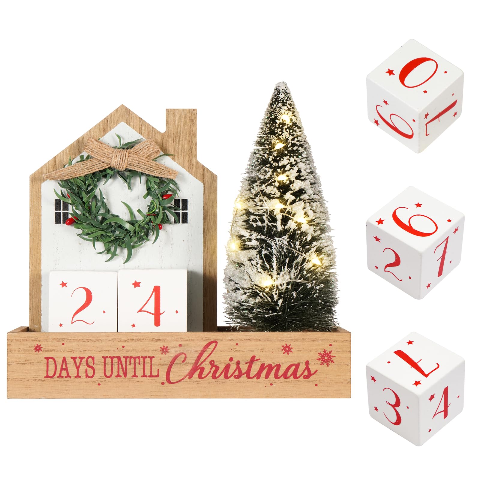 Christmas Tree Countdown Block LED Lighted 99 Days Until Christmas Wreath Calendar Tabletop with Timer Number Date Rustic Wooden