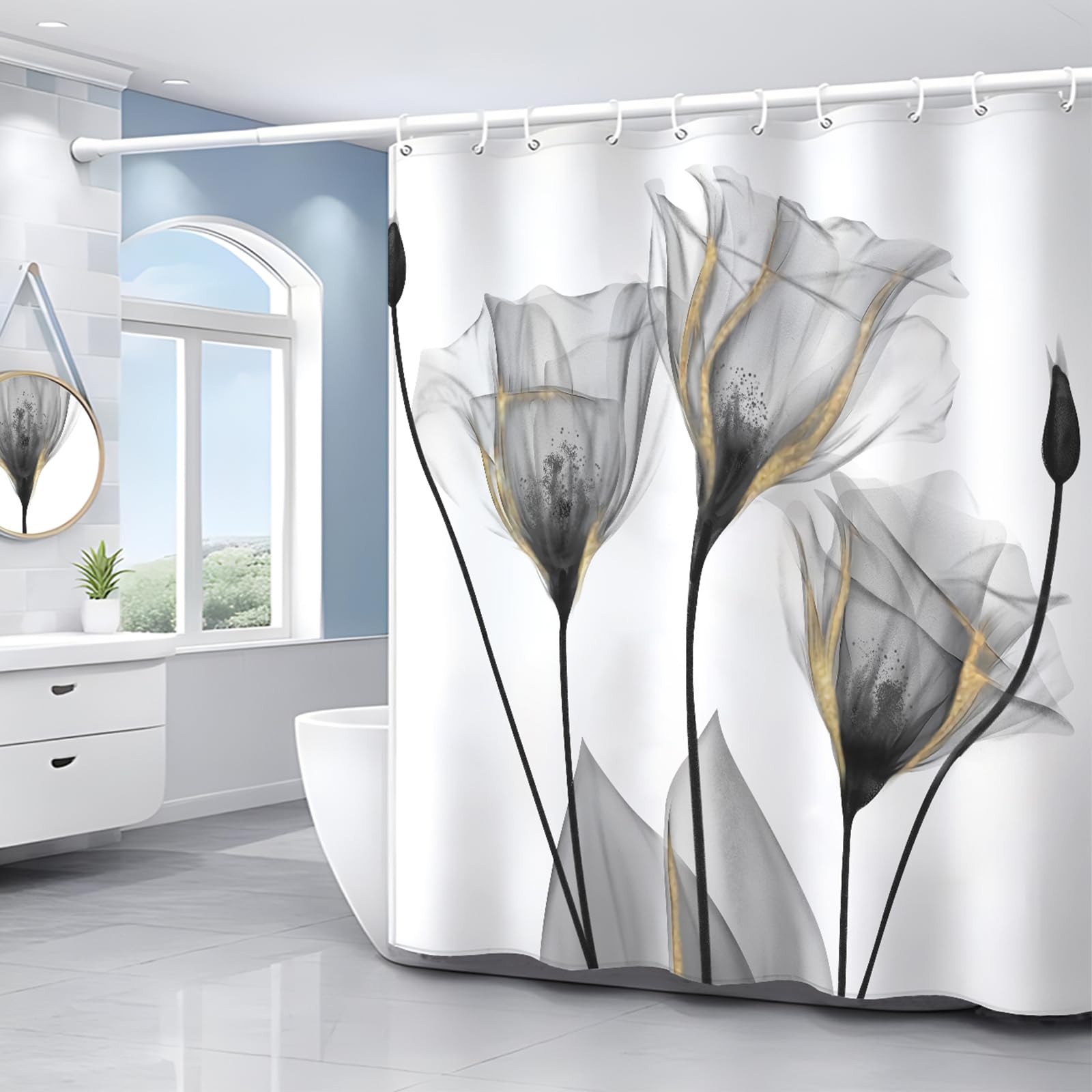 Zchomi Grey Floral Shower Curtain Watercolor Tulip Flower Shower Curtain For Bathroom Waterproof Polyester Fabric Bathroom Curta