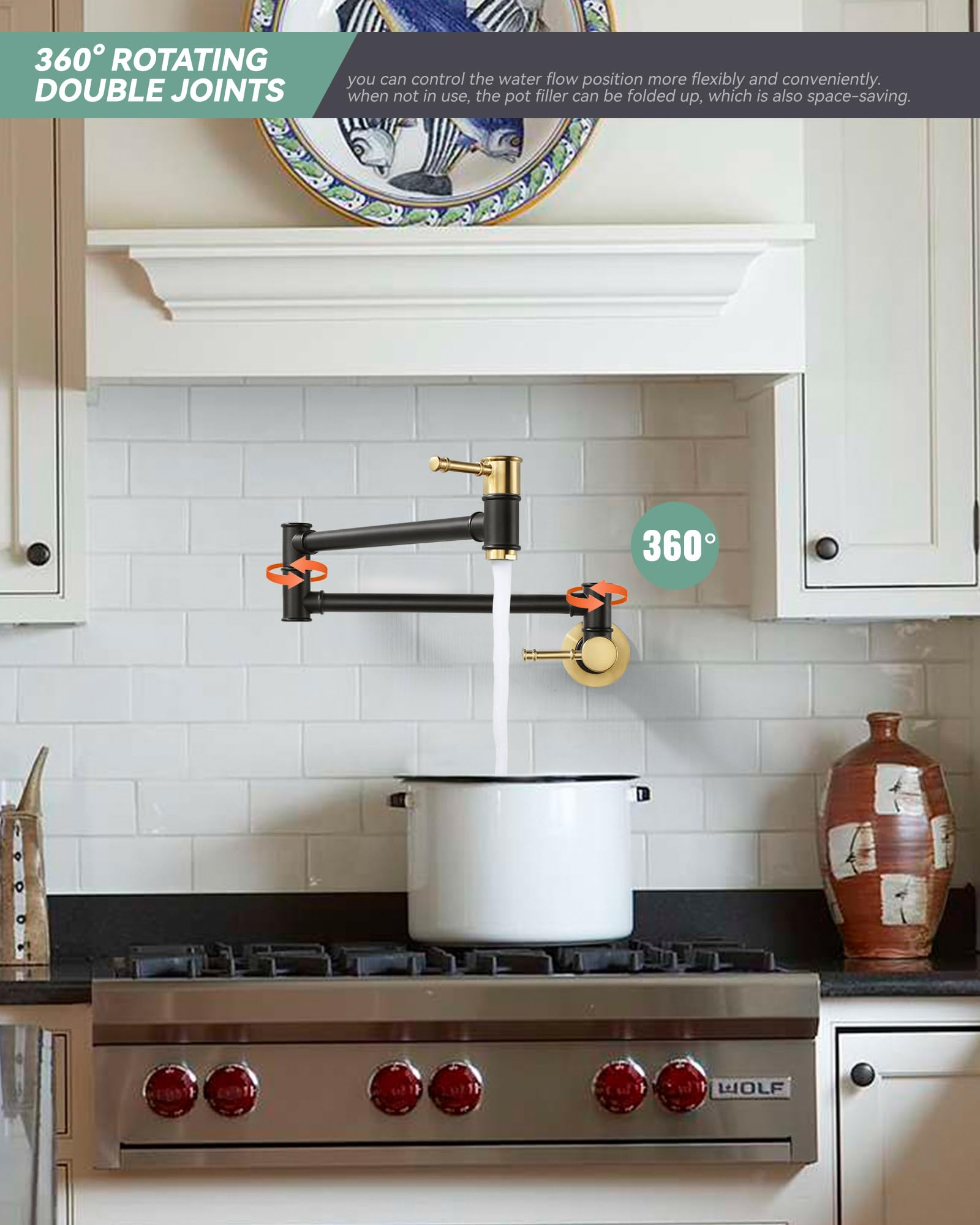 Pot Filler Faucet Black Gold, Wall Mount Stove Faucet For Kitchen Sink, Brass Kitchen Pot Faucet Over Stove, Pot Filler Folding