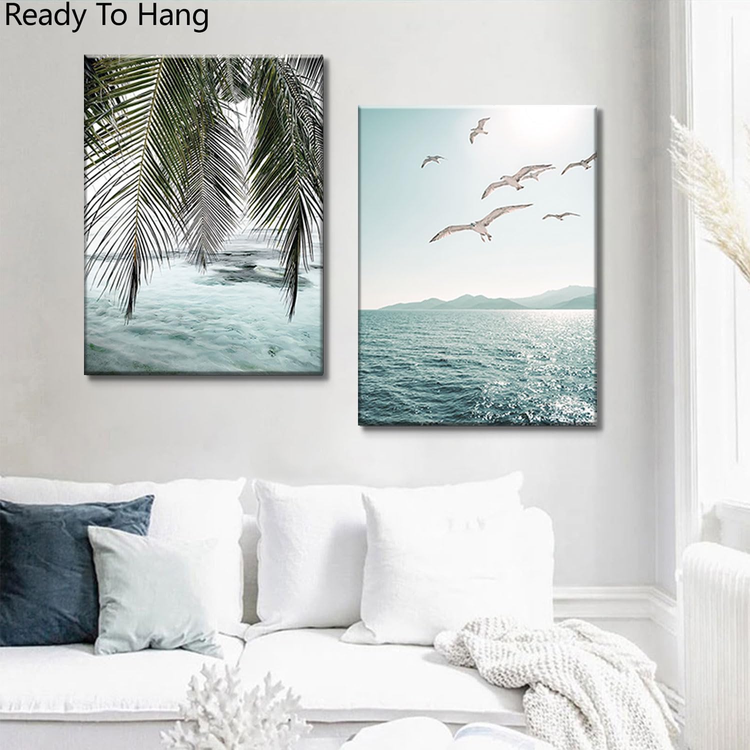 Framed Ocean Wall Art Beach Tropical Prints Bathroom Decor Canvas Turquoise Seascape Mint Green Paintings Coastal Pictures Palm Tree Artwork for Bedroom Living Room12''*16''*2