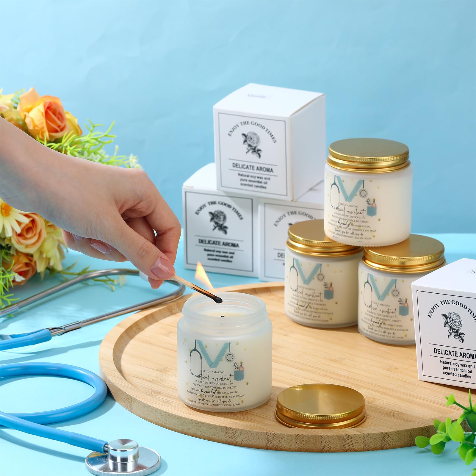 Nuanchu 4 Pcs Medical Assistant Gifts Soy Scented Candles Bulk Aromatherapy Jar 3.5 oz Soy Wax 4 Styles Scented Candles Presents