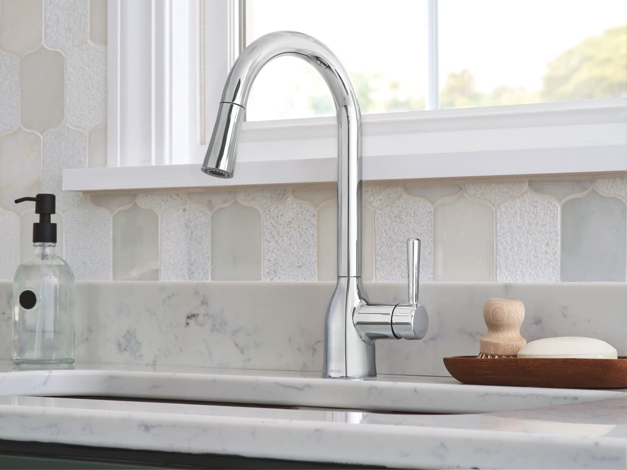 Moen Adler Chrome One-Handle High Arc Kitchen Sink Faucet With Power Clean, Modern Kitchen Faucet With Pull Down Sprayer, 87233