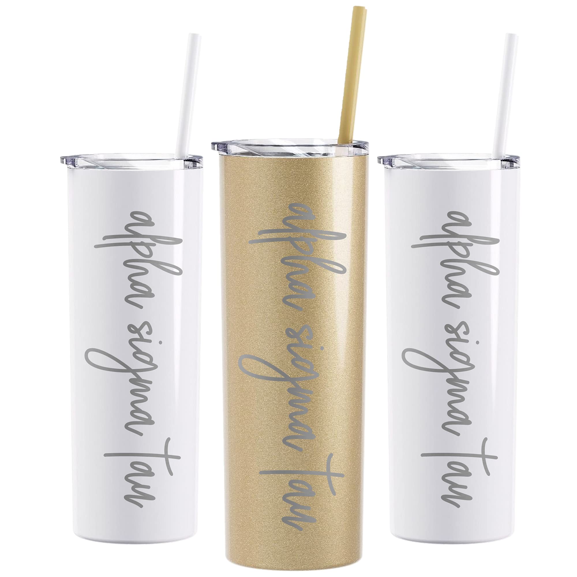 Go Greek Chic Alpha Sigma Tau Laser Engraved Skinny Tumbler With Straw (White)