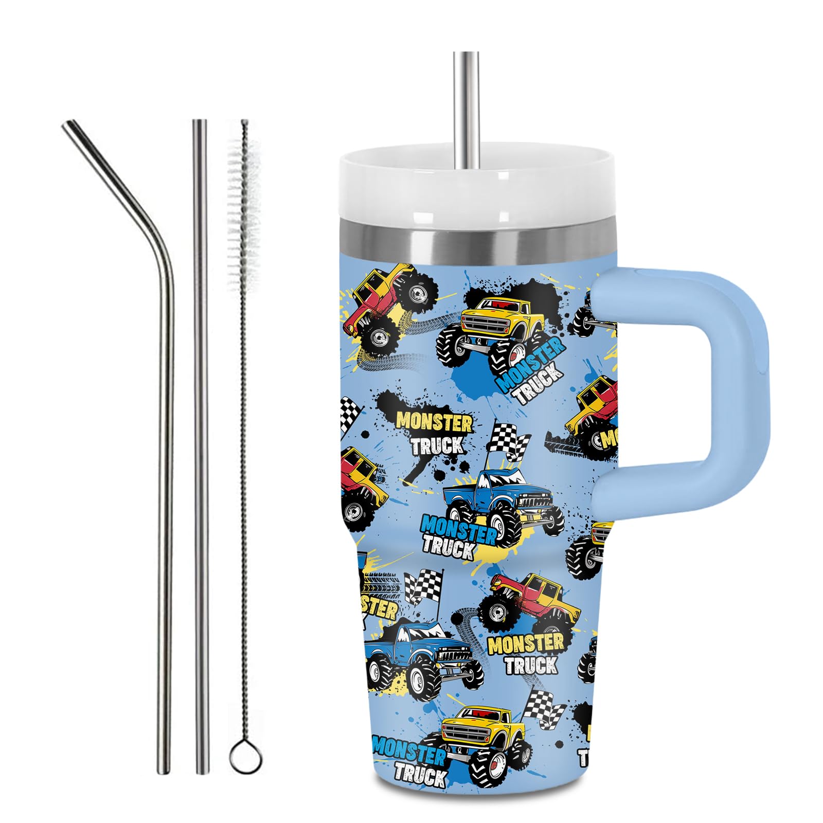 Hiboss 14 oz Monster Truck Tumbler with Handle and Straw for Kids, Insulated Stainless Steel Travel Mug for Boys, Double Wall Va