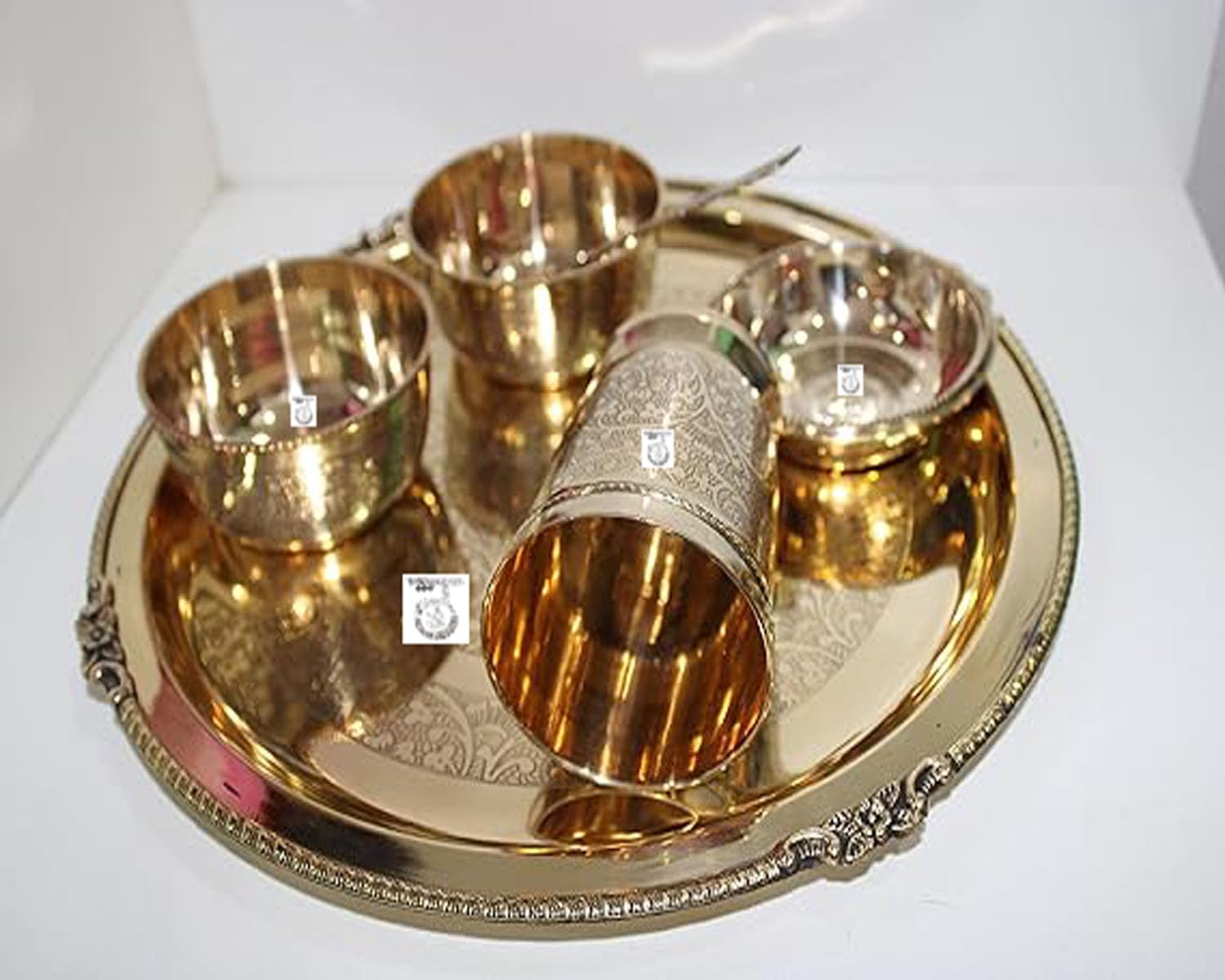 THATHERA Handmade Traditional Brass Thali Utensils Set Cooking, Serving, and Eating Food (Set of 6) Gold Color