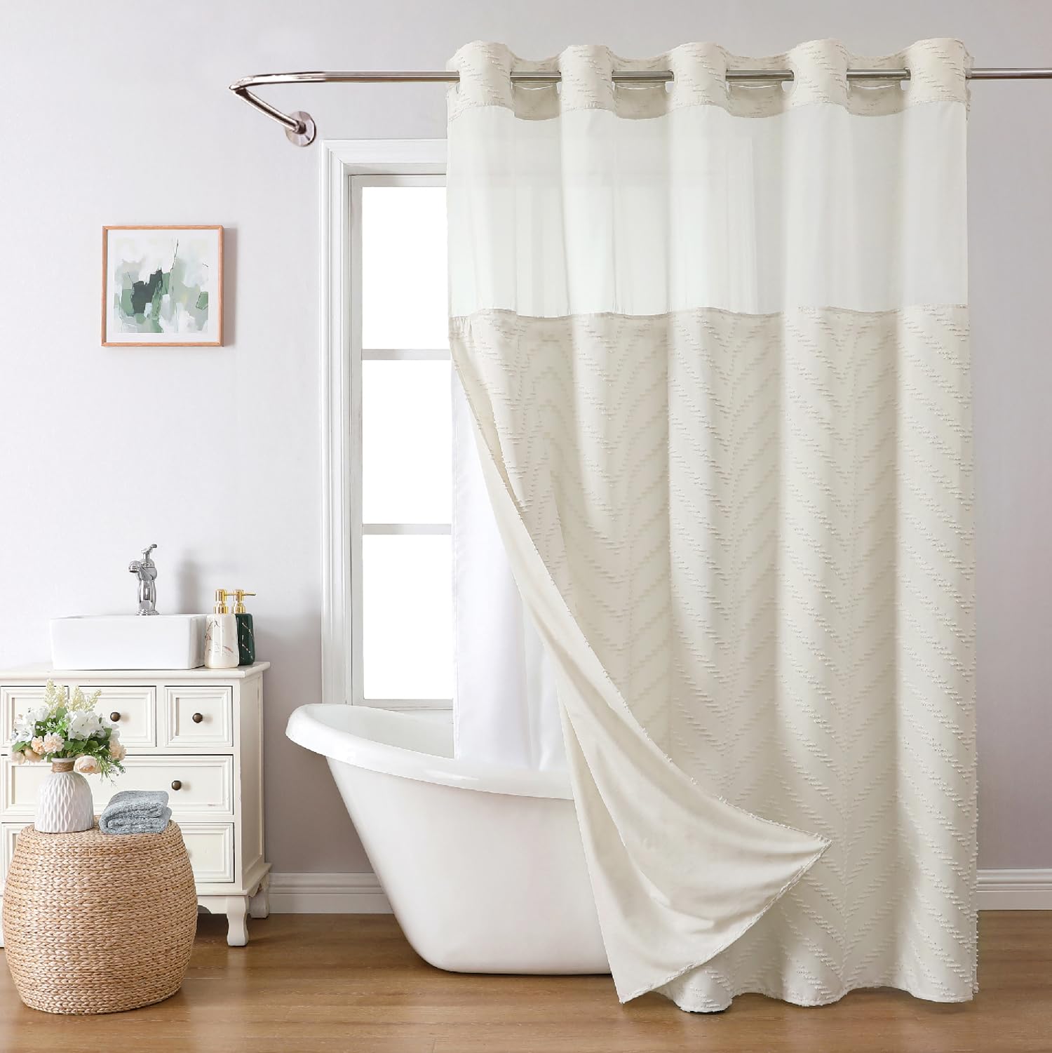 Eachope No Hook Tufted Chevron Striped Shower Curtain With Snap-In Fabric Liner Set-71Wx74H(72H),Cream Hotel Grade Boho Style Sh