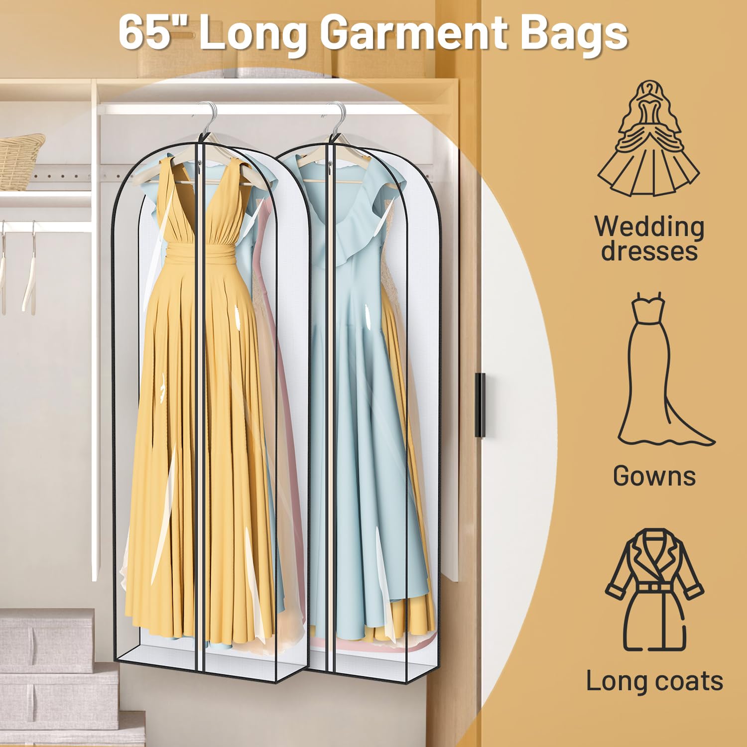 Misslo 65'' Clear Garment Bags For Hanging Clothes 4'' Gusseted Dress Bags For Gowns Long Dress Cover For Closet Storage Dress P