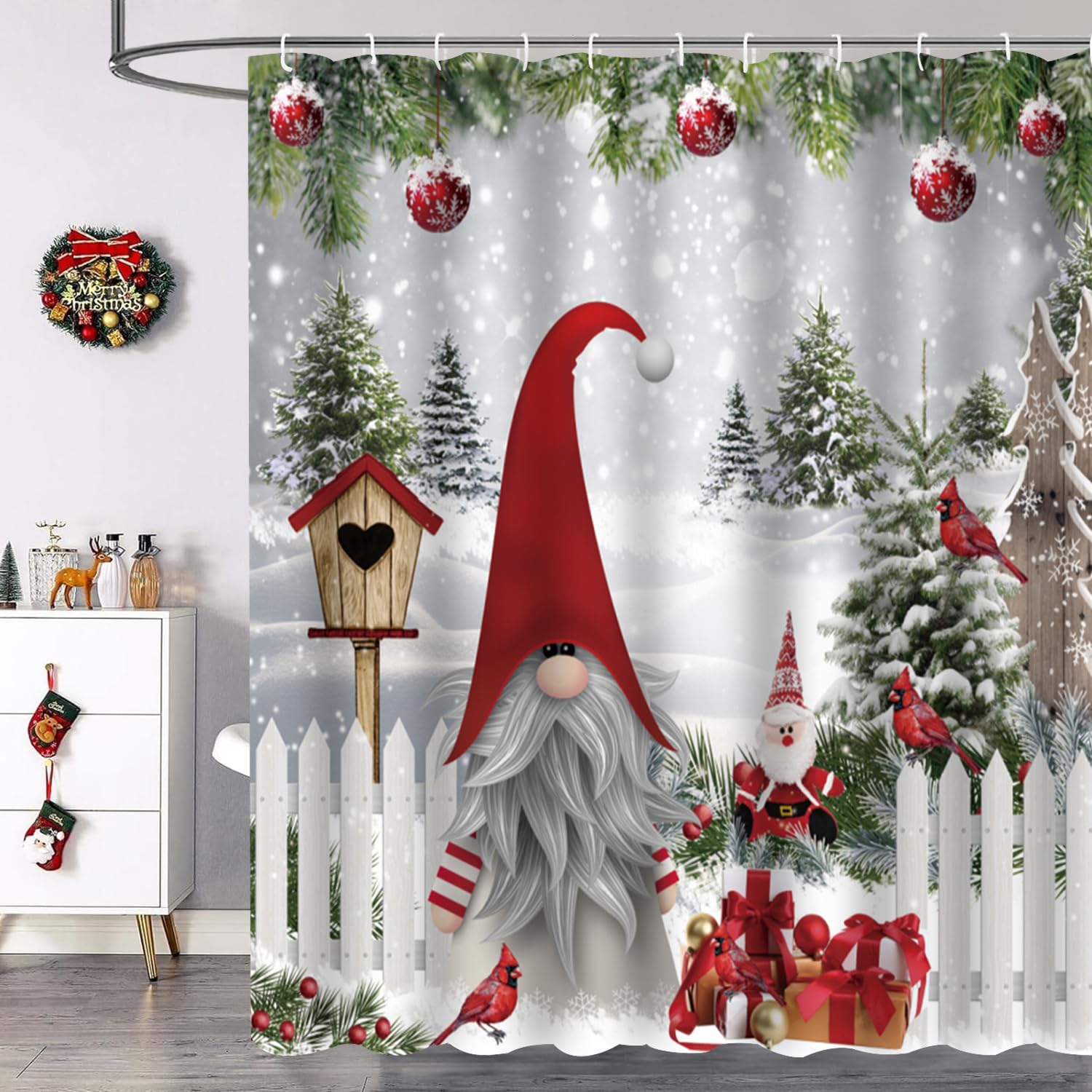 Atwqevon Christmas Shower Curtain, Gnome Shower Curtain Set, Winter Shower Curtains For Bathroom, Lovely Cute Sprite Bathroom Sh