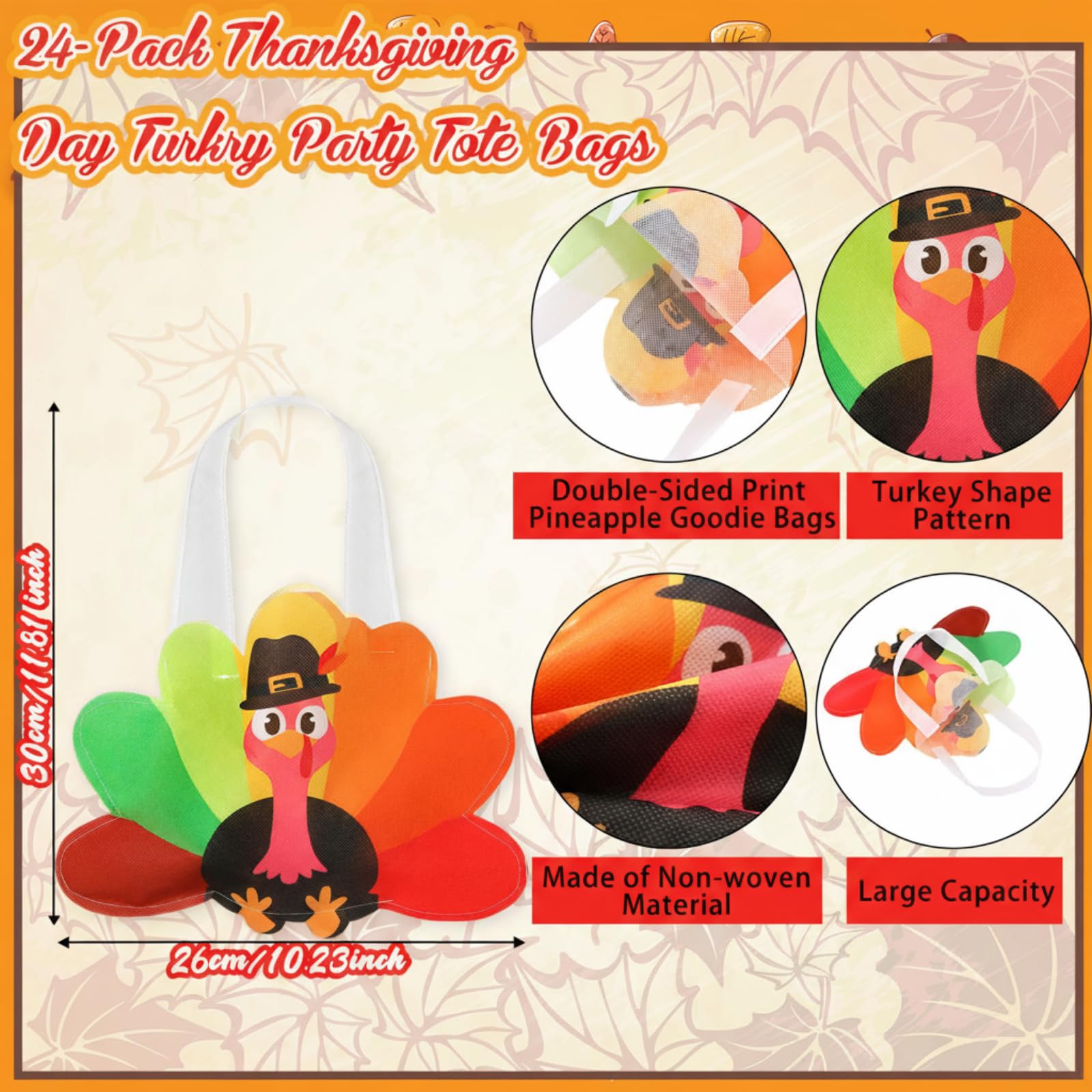 Silkfly 24 Pcs Thanksgiving Turkey Gift Bags Non Woven Reusable Autumn Goodie Candy Tote Bag with Handles Fall Party Favors for