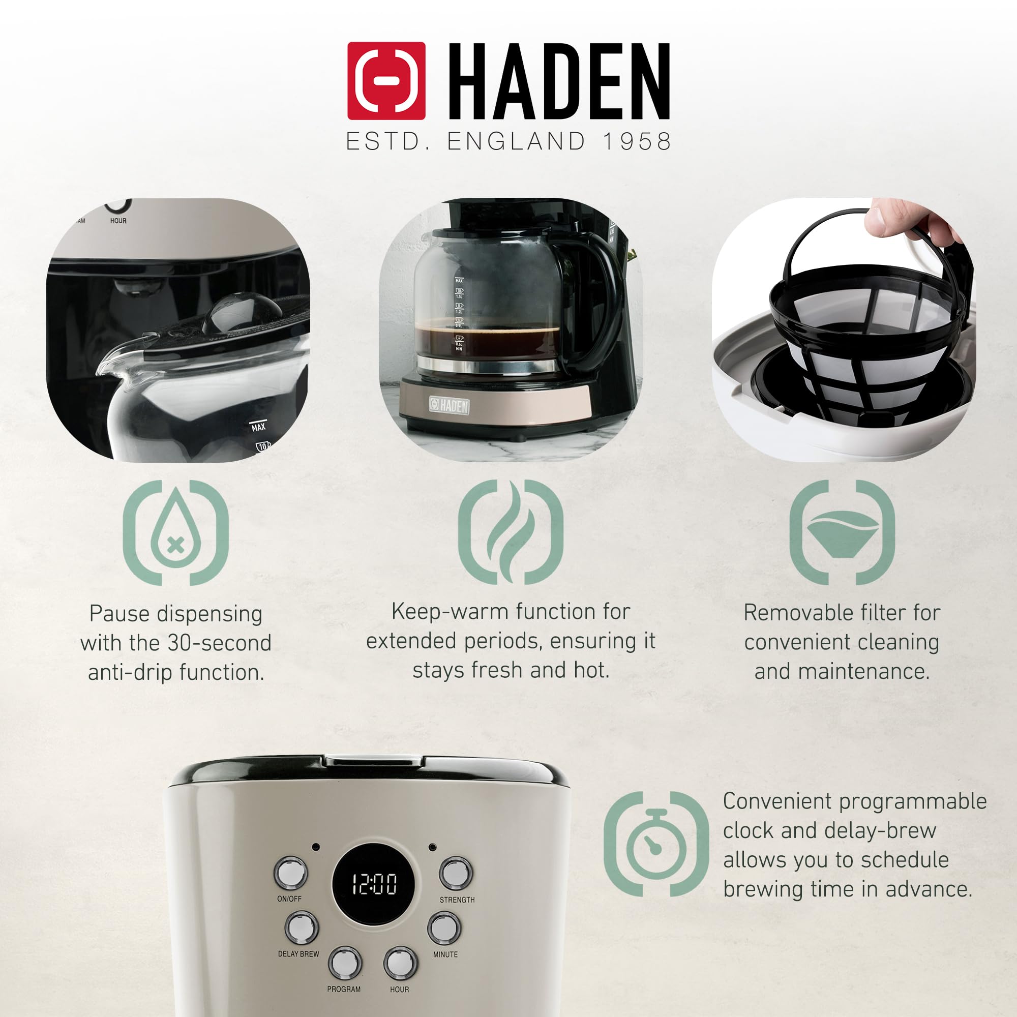 Haden Coffee Machine, 12 Cup Programmable Drip Coffee Maker With Auto Shut-Off Function And Reusable Washable Water Filter, Putt