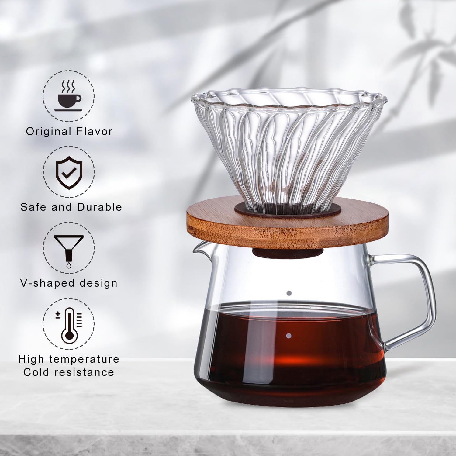 Gute Glass Coffee Dripper - Cone Pour Over with Bamboo Stand, 2-4 Cups, Clear
