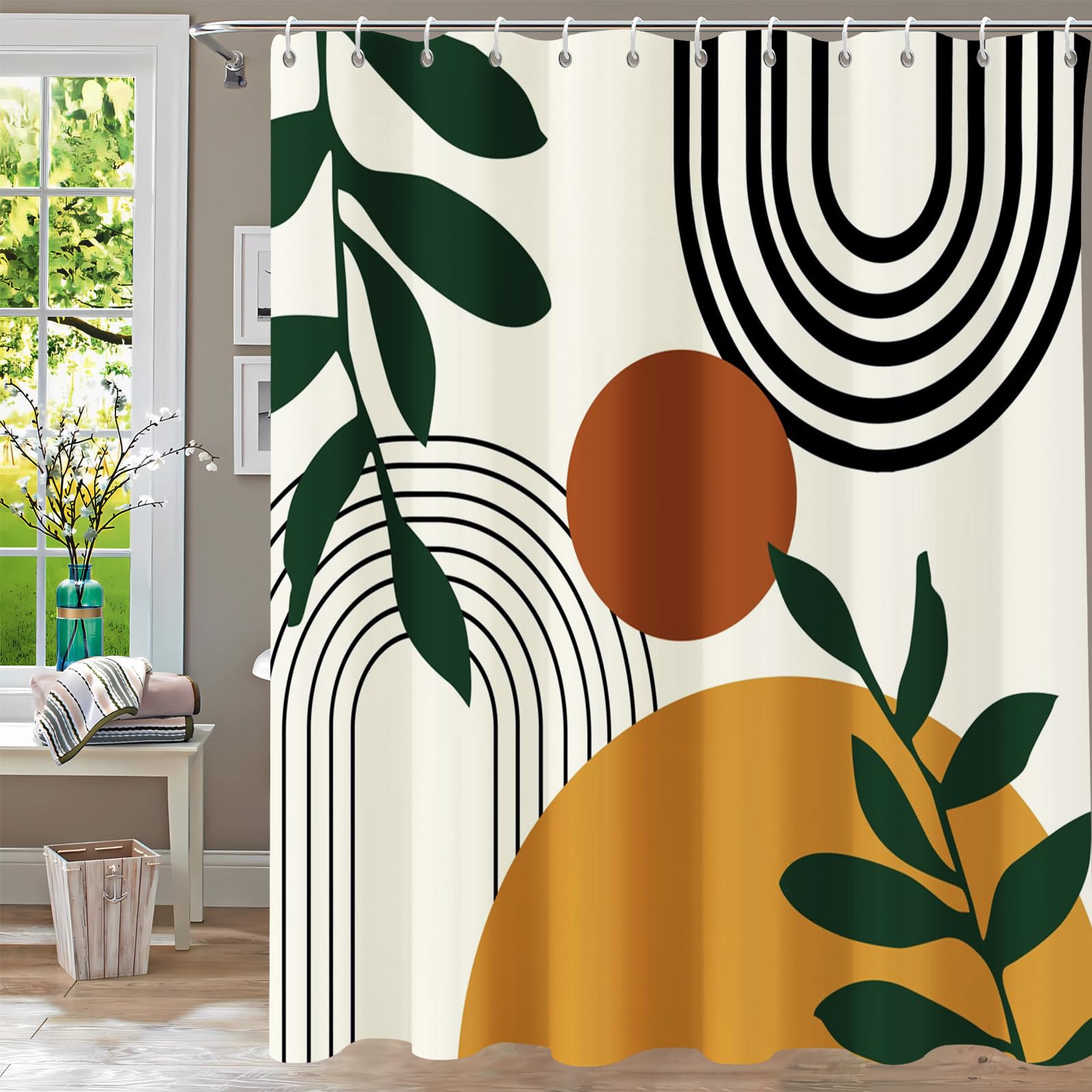 Necsole Shower Curtain Boho Shower Curtains For Bathroom Mid Century Moon Leaf Fabric Shower Curtains Sets Beige Modern Minimali