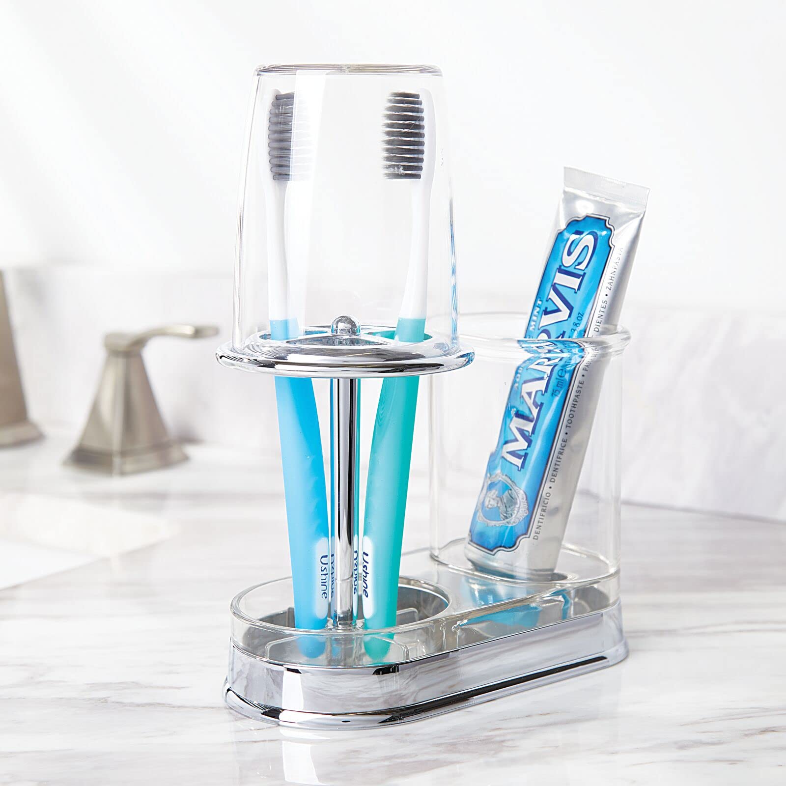 mDesign Plastic Toothpaste and Toothbrush Holder Center with Cup/Cover - Organizer for Bathroom Vanity Countertop - Holds Paste,