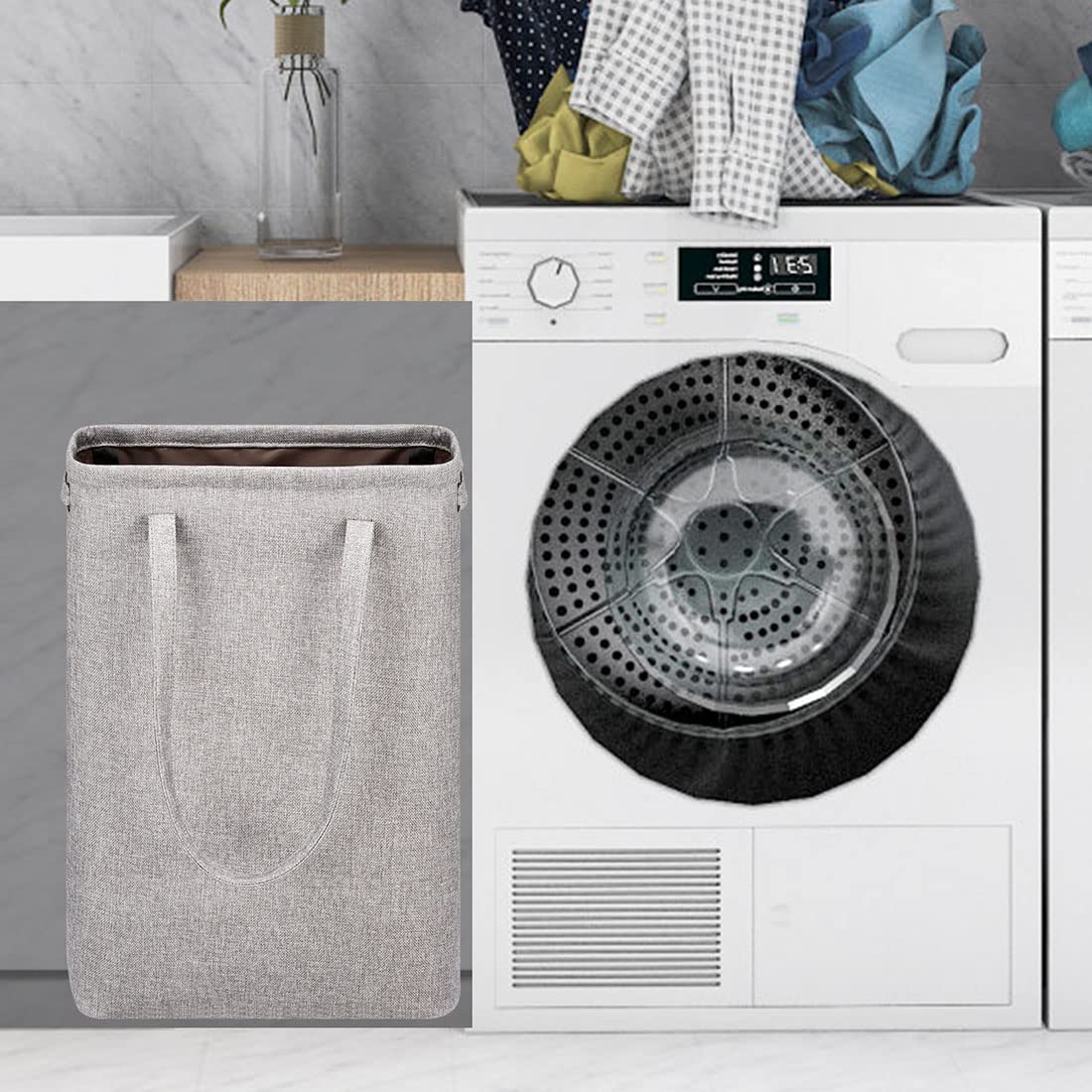i BKGOO Laundry Basket with Handles Grey Coffee-Slim Laundry Bin Collapsible Dirty Clothes Basket Narrow Laundry Bag Foldable Dirty Hamper for Camping  Dorms  Apartments
