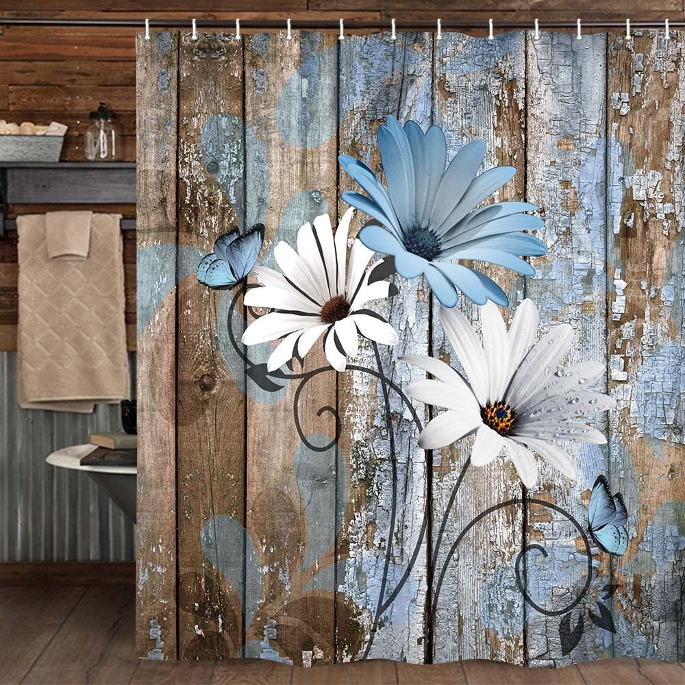 Jawo Farmhouse Flower Floral Shower Curtain, Rustic Blue Daisy Shower Curtain Set, Country Blue Wild Garden Plant Fabric Shower