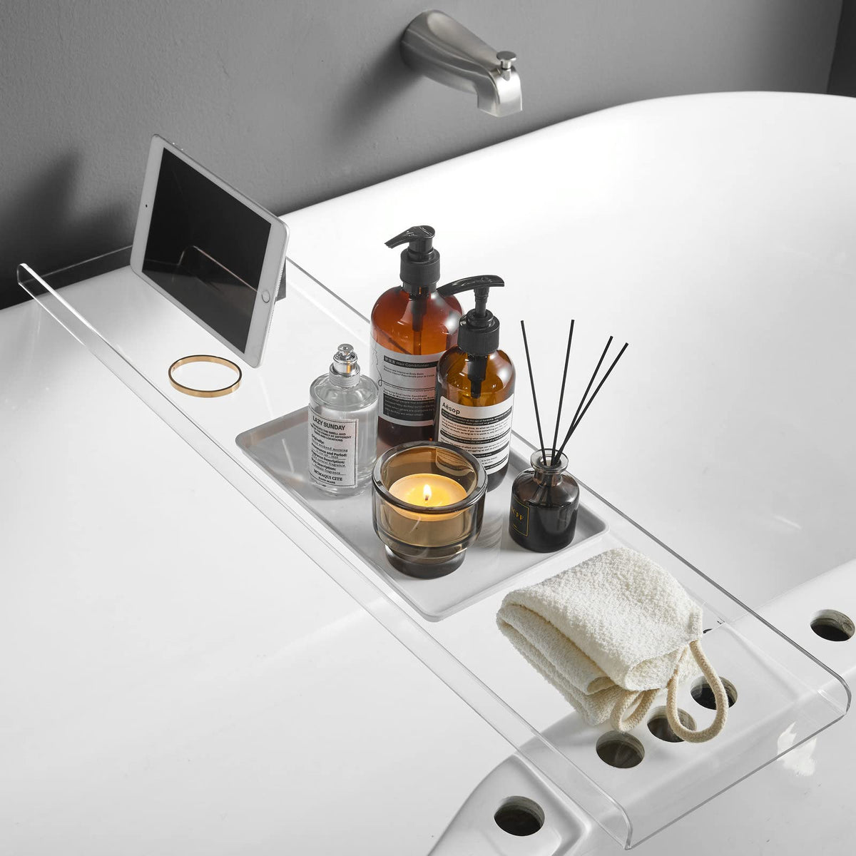 Clear Bathtub Tray Caddy, Bath Tub Rack Shelf, Luxury Bathroom Organizer Tablet Holder, Acrylic Shunli