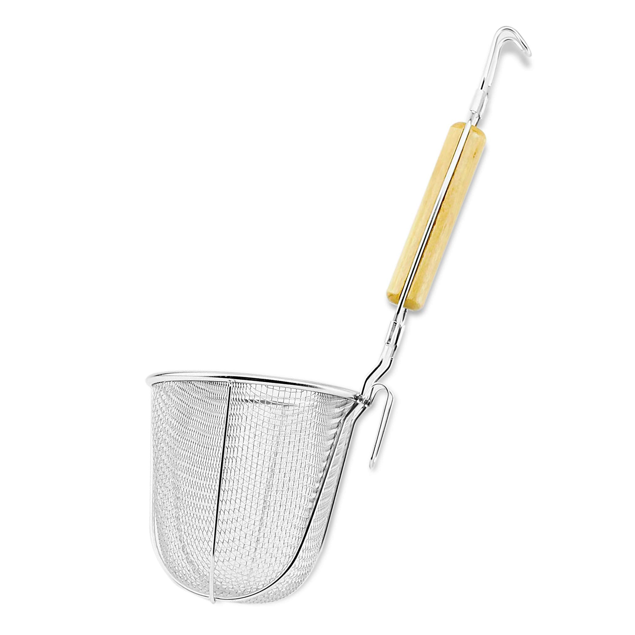 Large Round Wok Strainer Colander Fry Basket - Stainless Steel Wooden Handle For Heat Resistance 5'' X 5'' L ???? Udon Pasta Noo