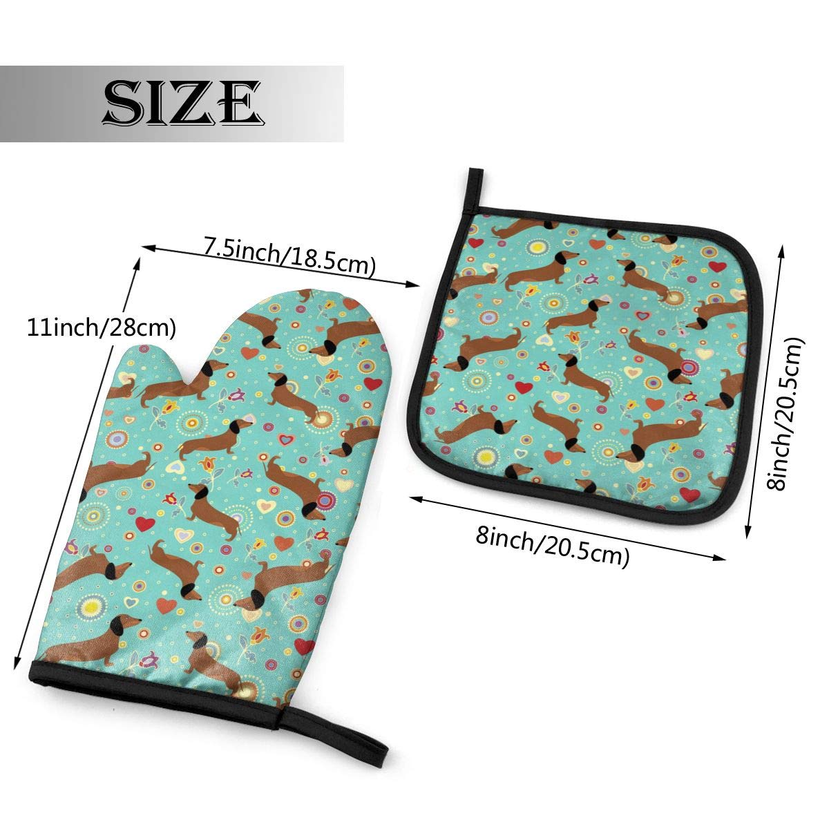 Oven Mitt And Pot Holders, 2 Piece Set, Dachshunds On Turquoise Floral Background Cotton Lining Waterproof Bbq Gloves