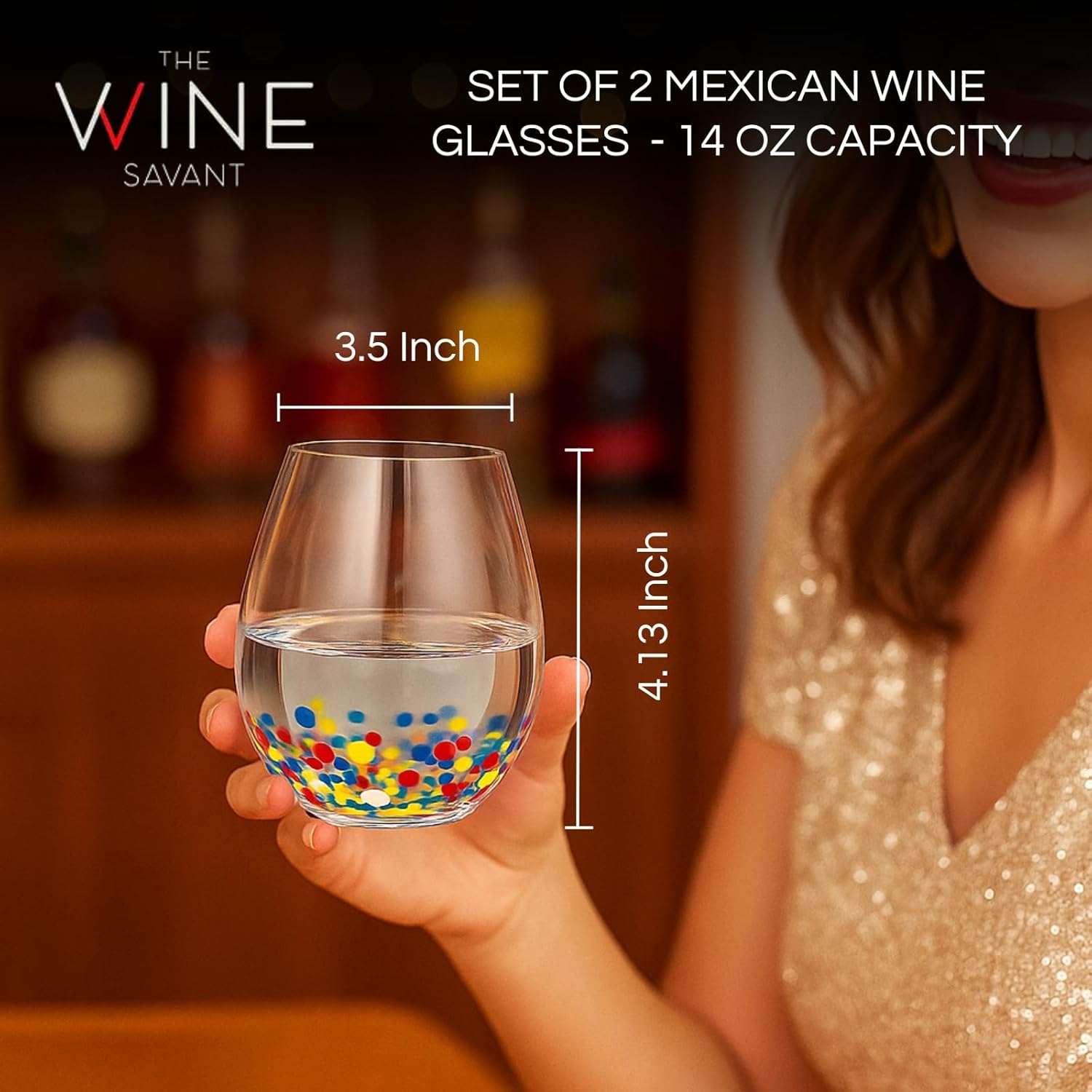 The Wine Savant Mexican Wine Glasses Hand Blown Confetti Rock  - Clear