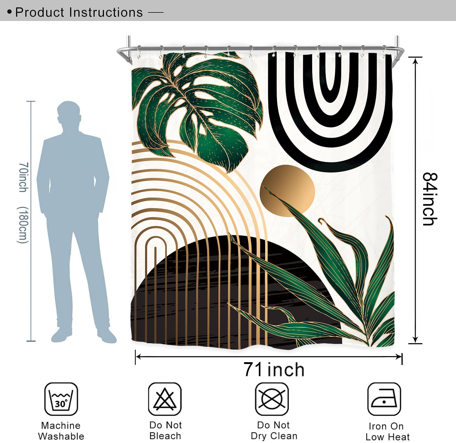 Miyotaa Abstract Emerald Green Shower Curtain Set 71Wx84H Inches Extra Long Minimalist Modern Tropical Leaves Geometric Contempo