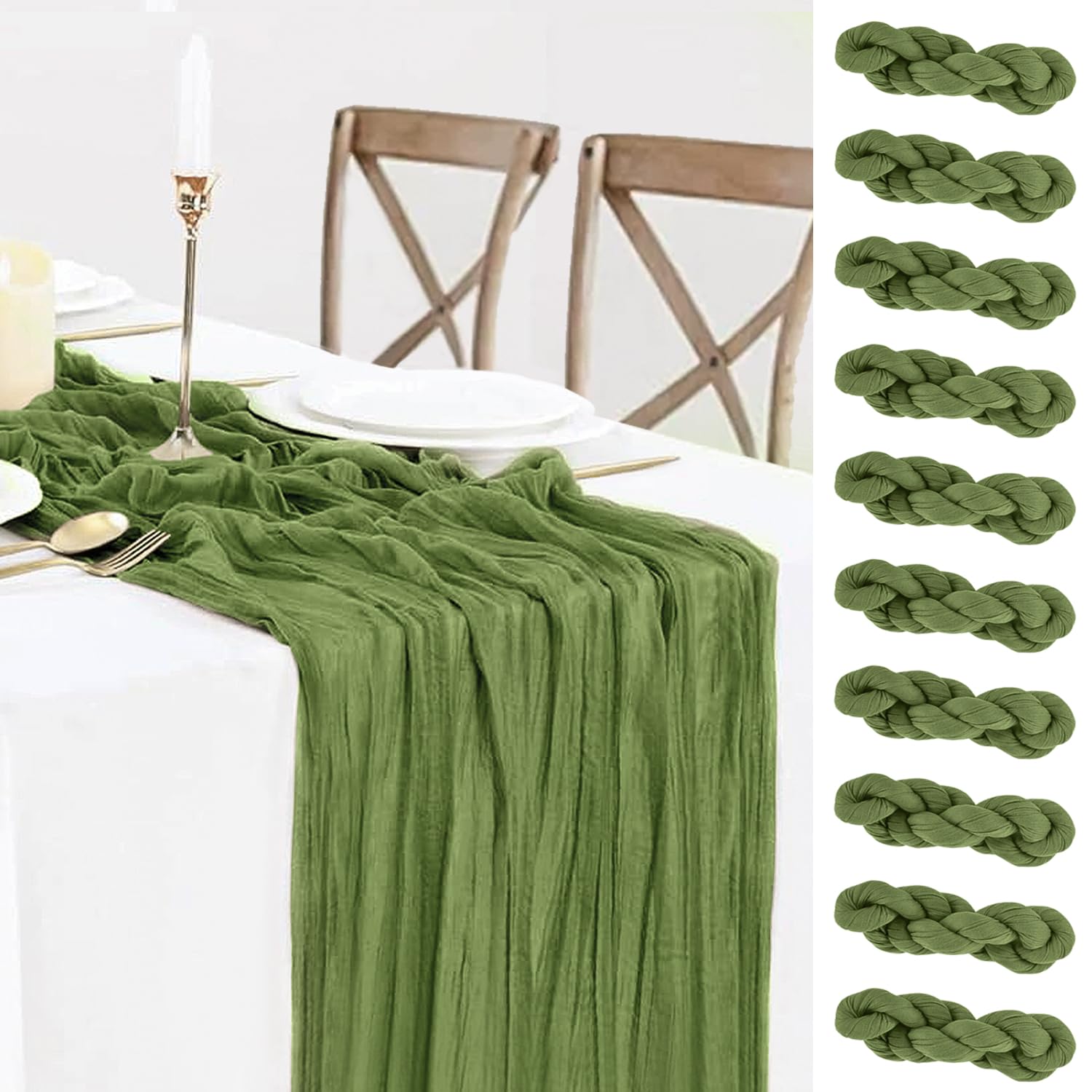 10 Packs Olive Green Cheese Cloth Table Runners, 10FT Boho Gauze Moss Green Cheesecloth Table Runner for Wedding Bridal Baby Sho