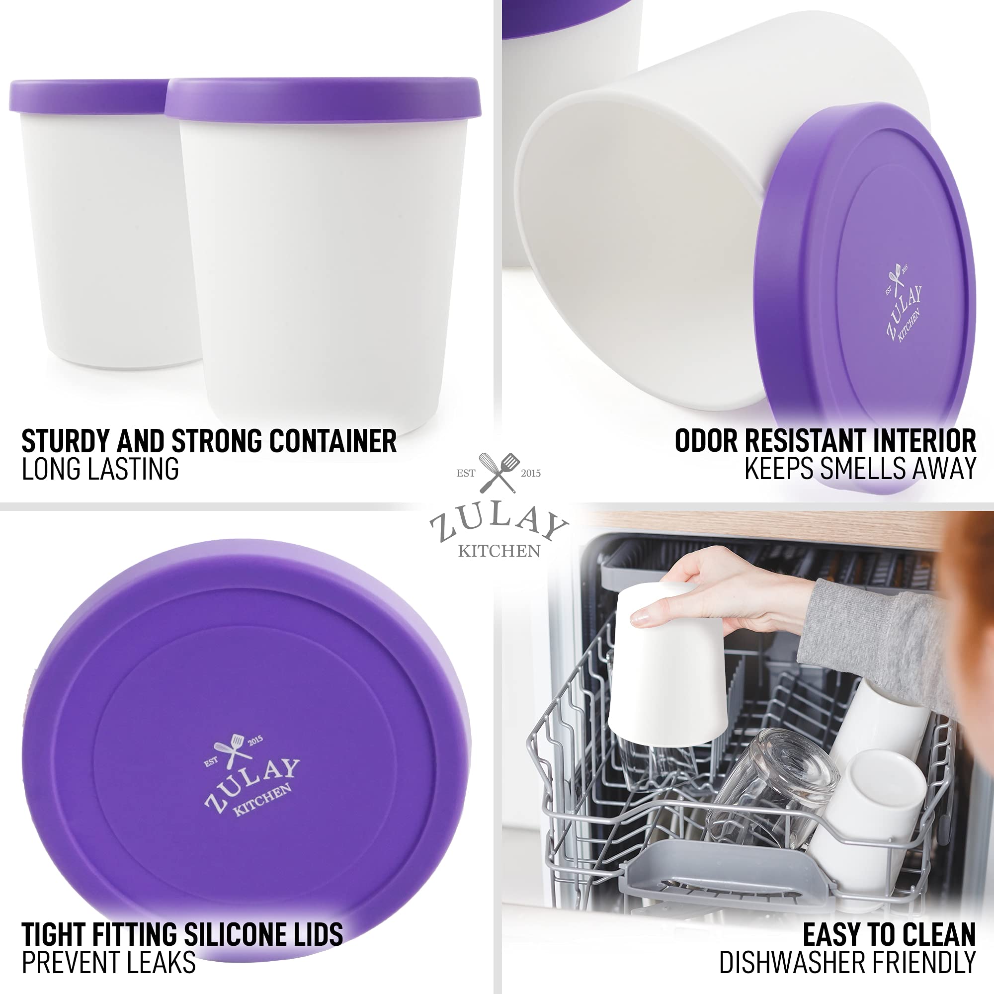 Zulay [2 Pack - 1 Quart Each] Large Ice Cream Containers For Homemade Ice Cream - Reusable Ice Cream Container Set With Lids - I