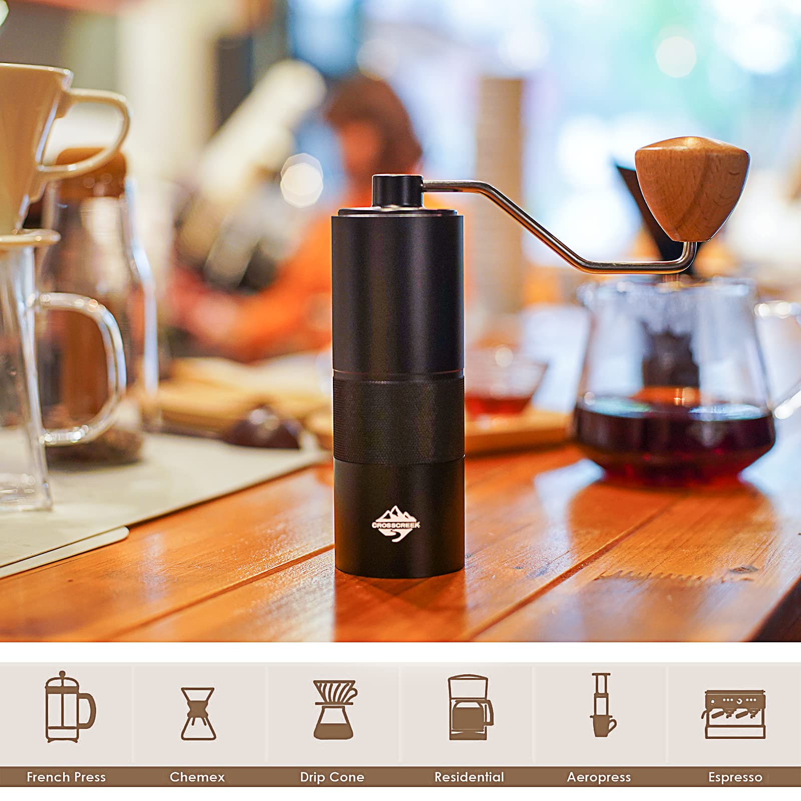 Manual Coffee Grinder, Black Portable Hand Coffee Grinder With 36 Adjustable Settings By Crosscreek, Cnc Stainless Steel Burr Mi