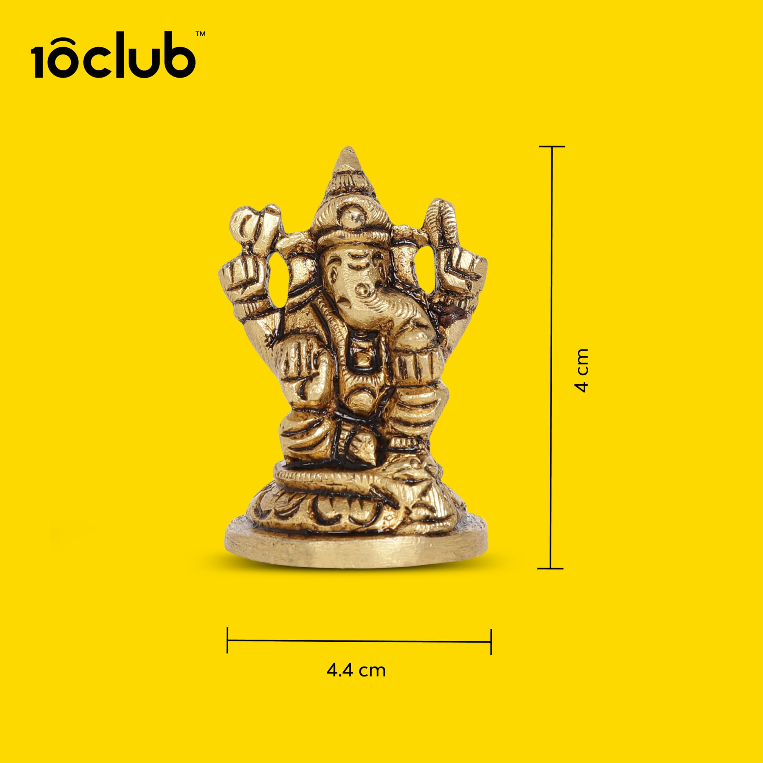 10Club Lord Ganesha Idol - 1Pc - 100% Pure Brass | Ganesh Unique Design with a Round Base for Desk, Car, and Home Dcor | Yellow