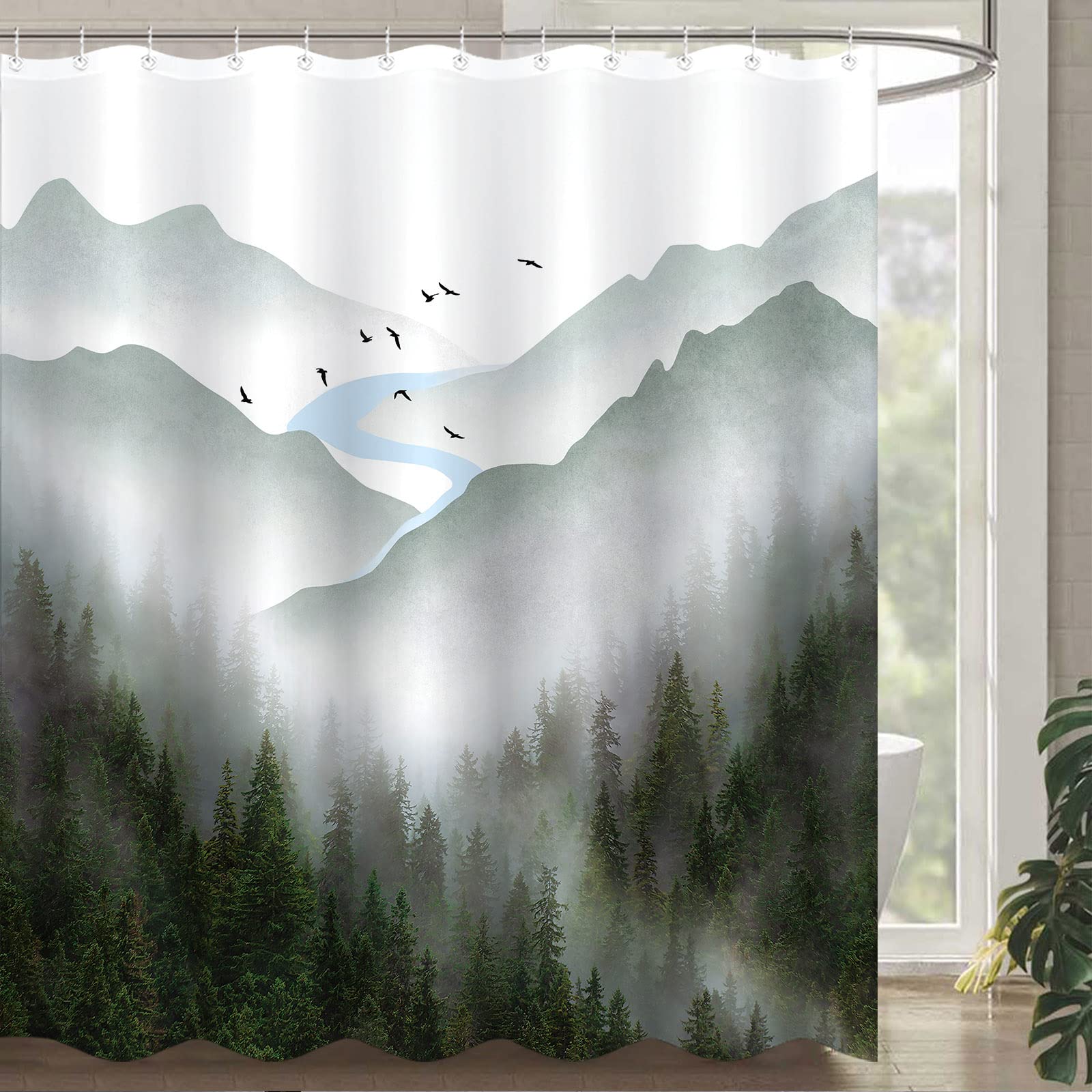 Zussun Green Misty Forest Shower Curtain Nature Foggy Tree Mountain Shower Curtains For Bathroom Waterproof Fabric Woodland Deco