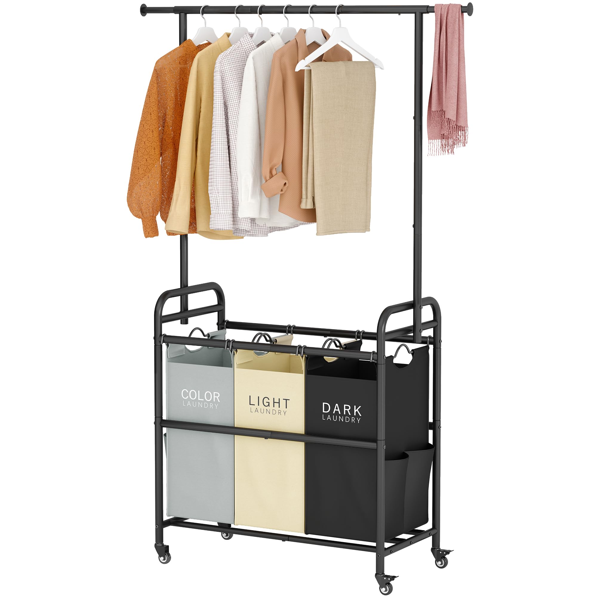 Tajsoon Laundry Sorter Cart With Hanging Clothes Rack, 3 Butler Sorter Basket Organizer, Laundry Hamper Cart With Heavy Duty Rol