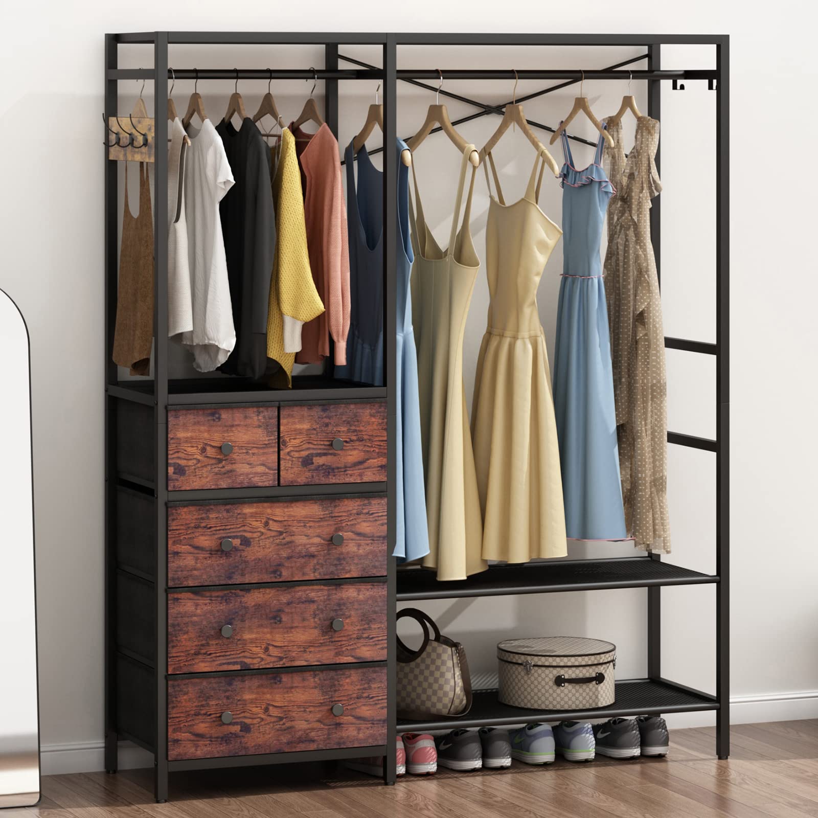 Auromie Heavy Duty Clothes Rack With 5 Drawers & 4 Storage Shelves, 70.9Hx59.1W Clothing Rack With 2 Hanging Rods, Wardrobe Clos