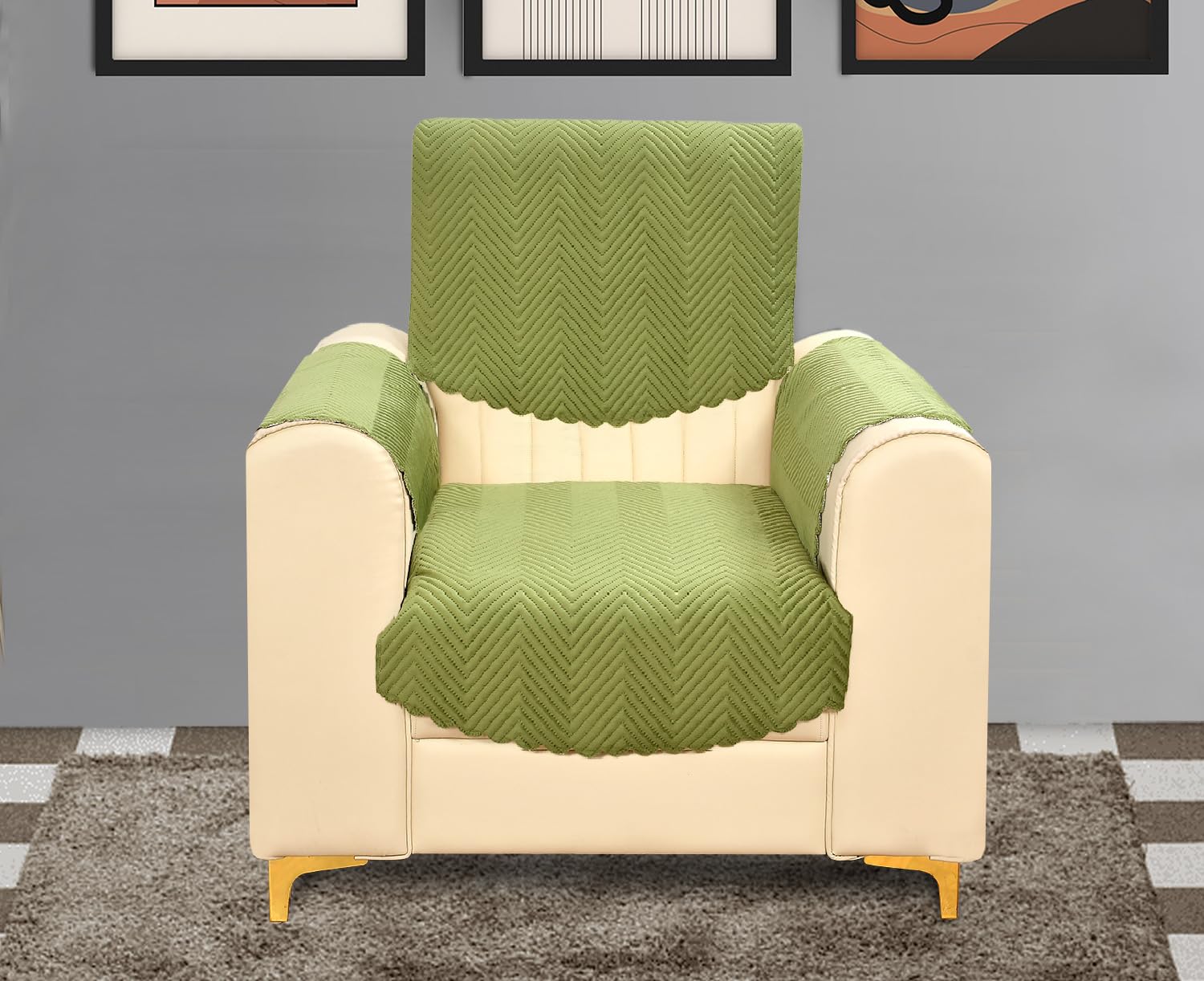 Yellow Weaves Velvet 1 Seater Quilted Sofa Chair Cover With Arm Cover, Seat & Back Cover, Color - Pea Green
