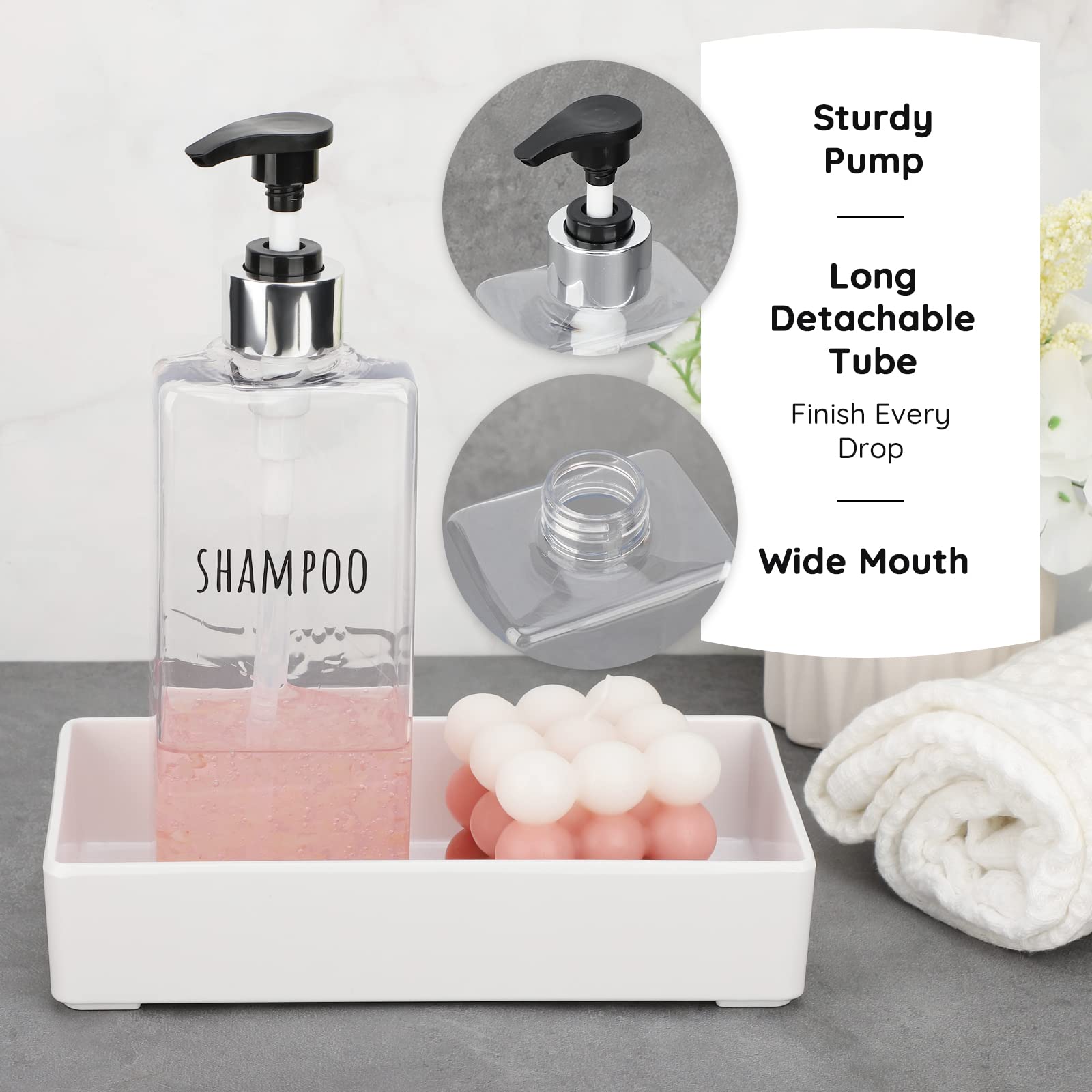 Segbeauty 3Pcs Clear Soap Dispenser, 16.9Oz Refillable Shampoo Conditioner Bottles, 500Ml Empty Plastic Square Body Wash Dispens