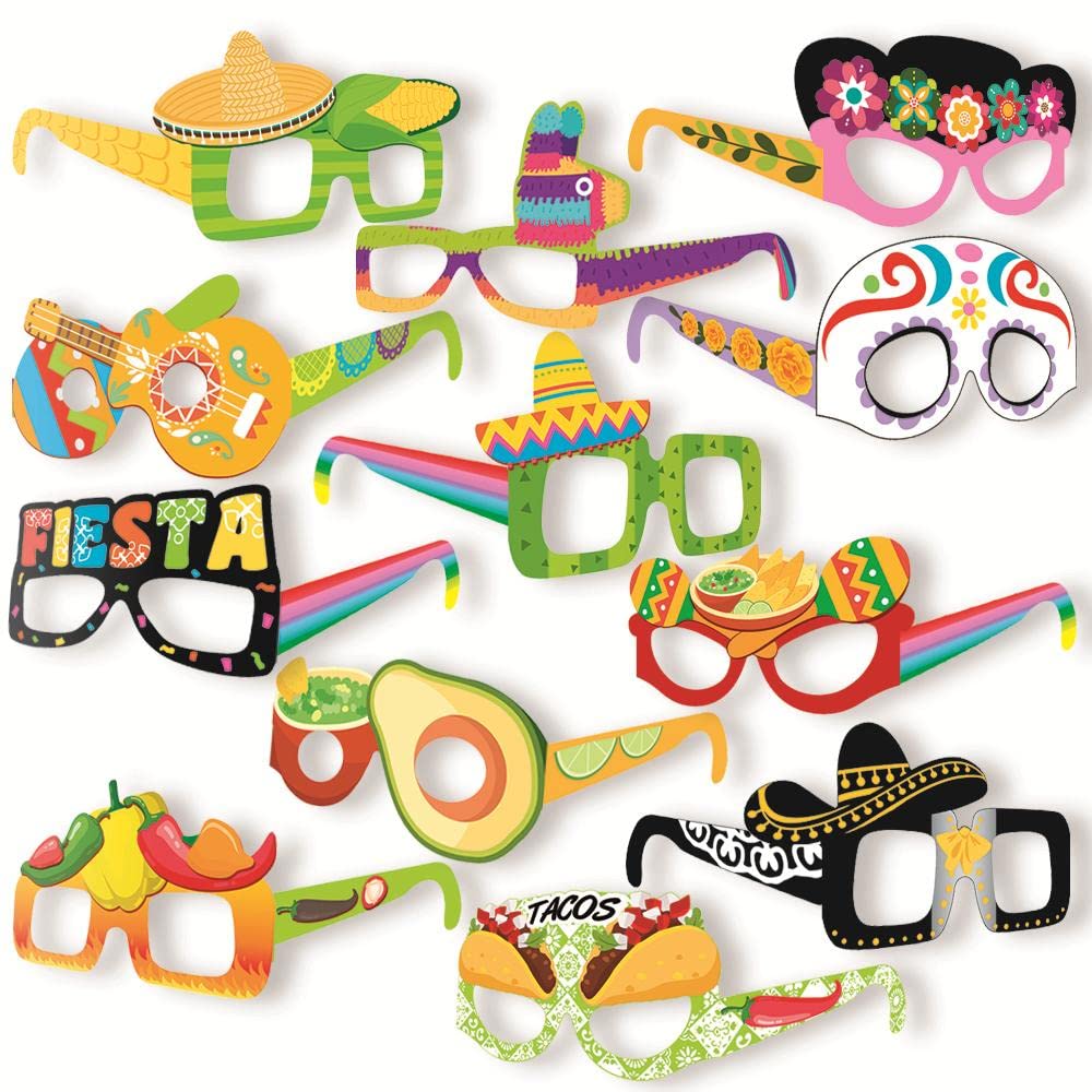 Mexican Fiesta Paper Eyeglasses, Pack Of 12 Cinco De Mayo Glasses - Taco Bout And Lets Fiesta Party Decorations