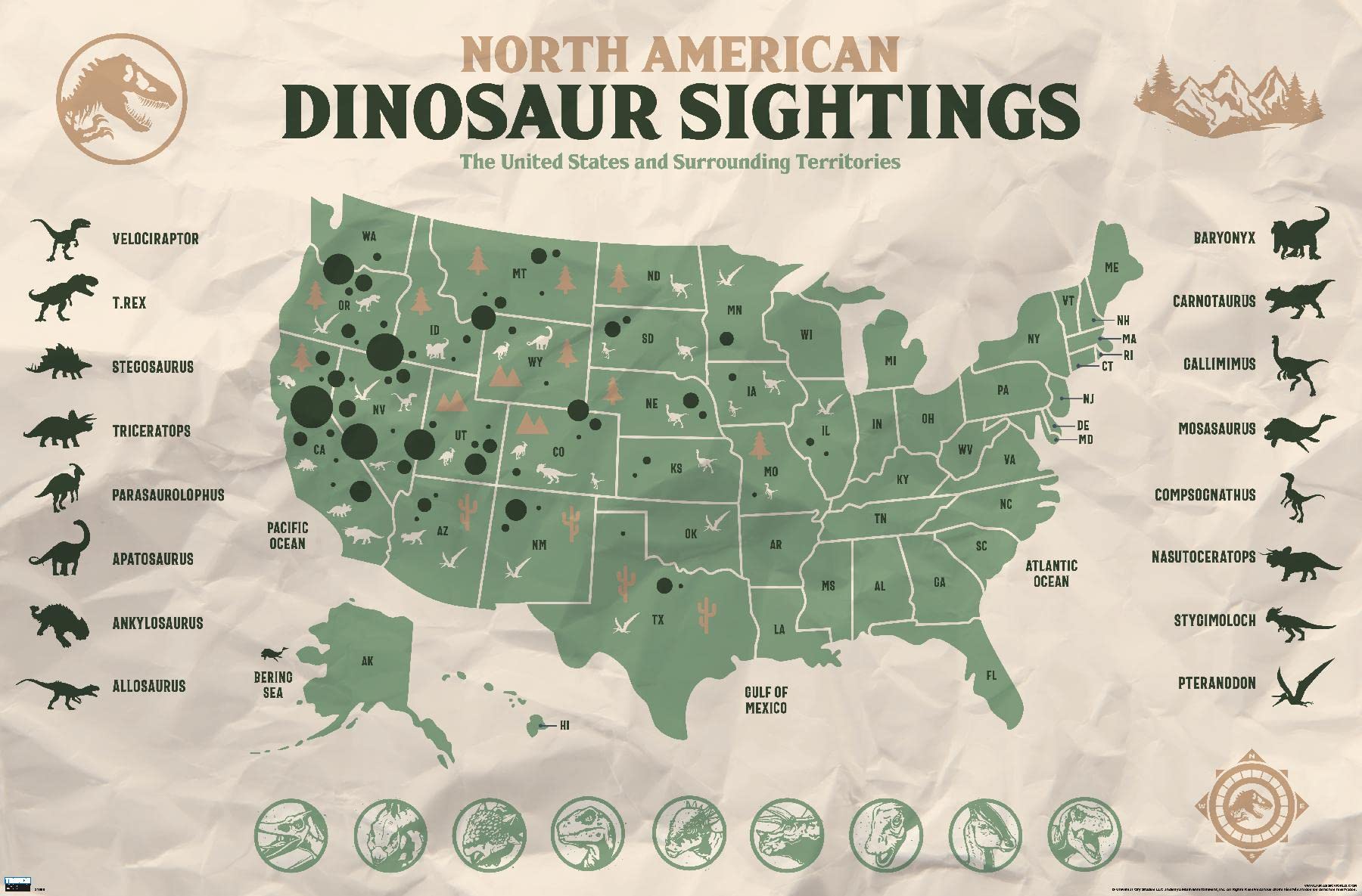 Trends International Jurassic World: Dominion - North American Dinosaur Map Wall Poster, 22.375'' X 34'', Unframed Version