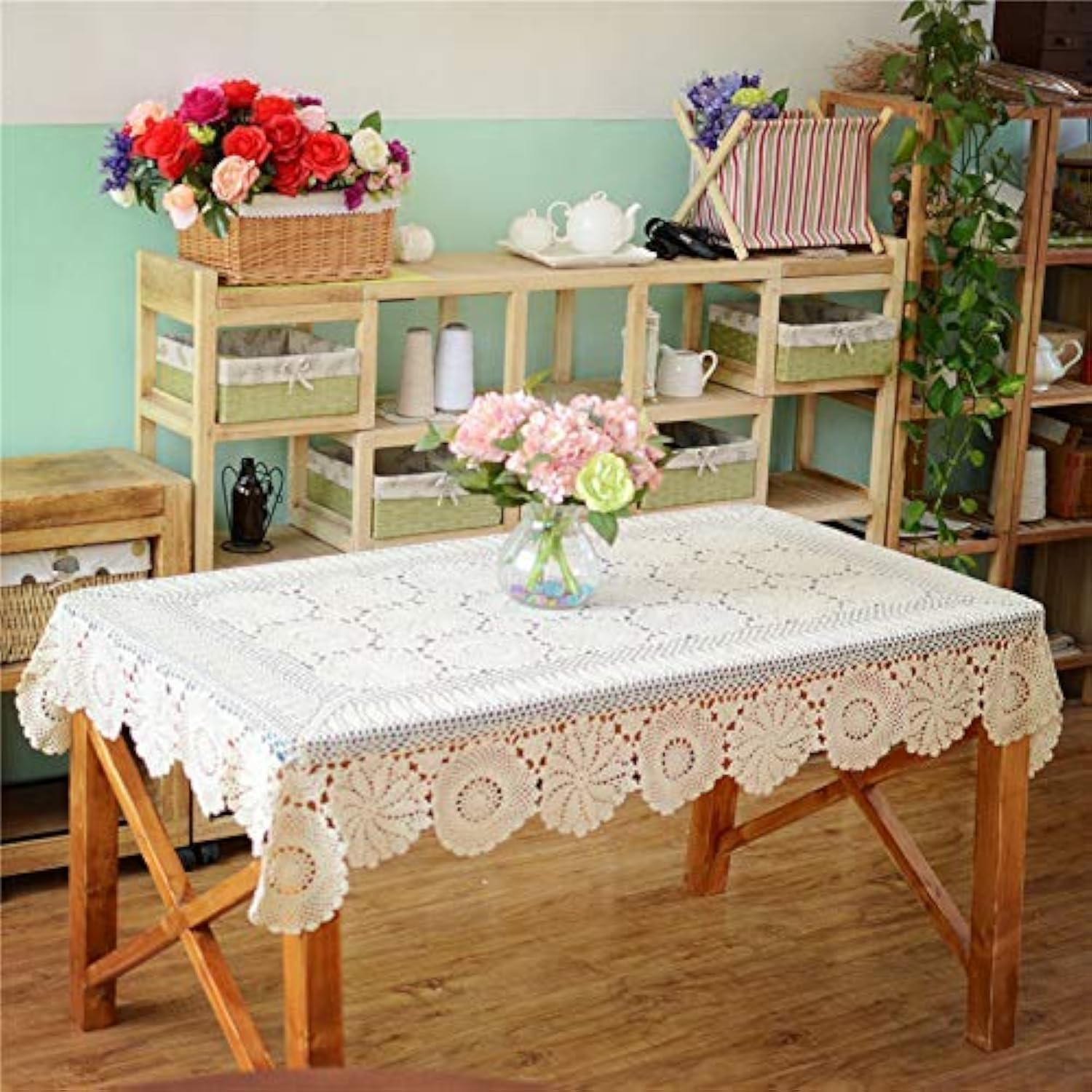 Ustide White Floral Lace Crochet Tablecloths Cotton Rectangle Kitchen Tablecloth Party Wedding Table Covers 59X78Inches