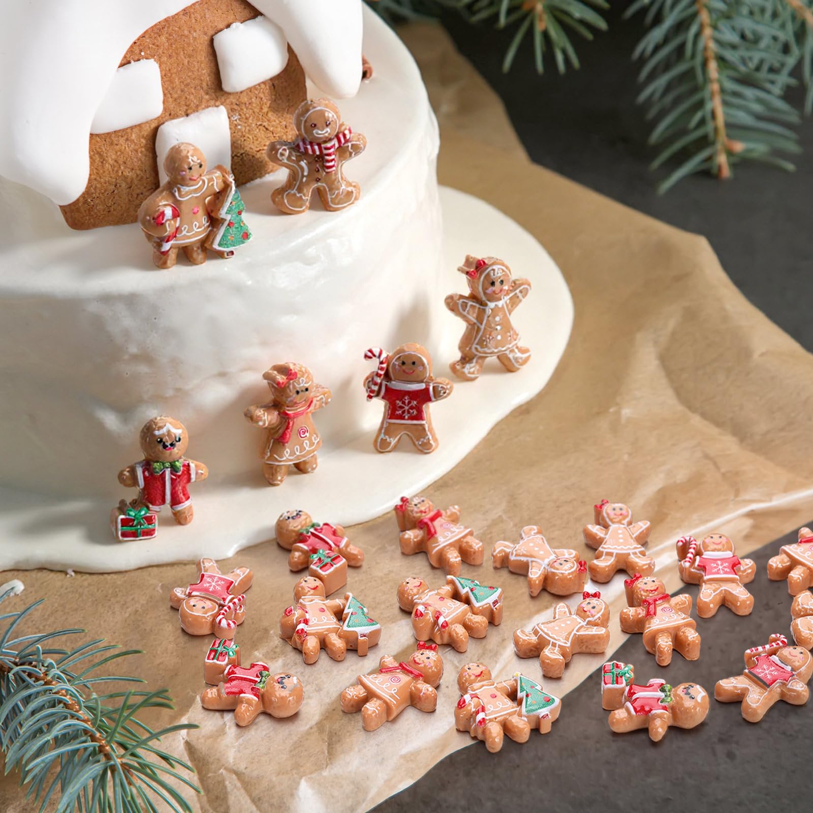 Simgoing 60 Pcs Mini Christmas Gingerbread Man Decorations Set Christmas DIY Craft Accessories Miniature Assorted Flat Back Resi