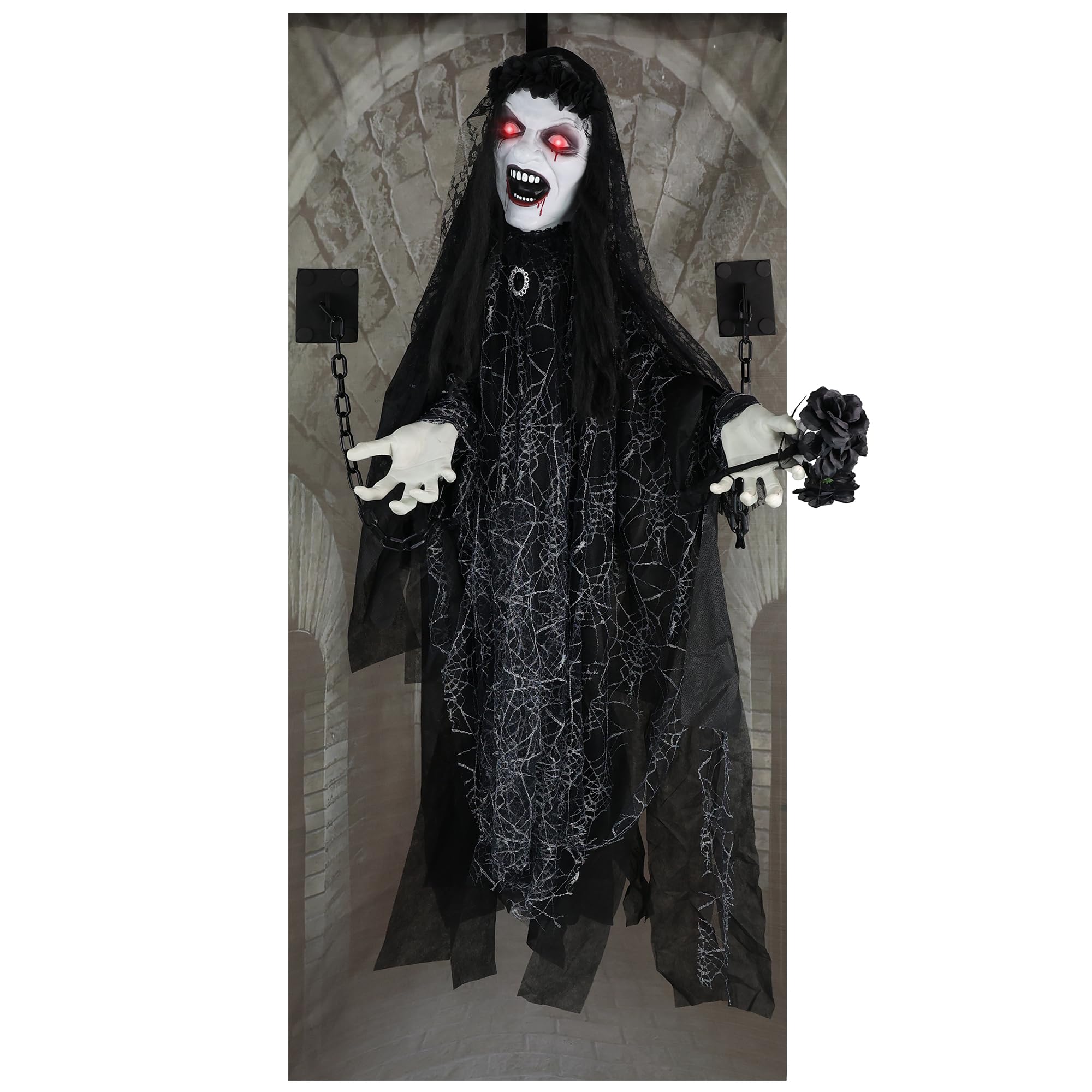 Haunted Hill Farm 4.3-Ft Animatronic Scary Demon Widow Door Greeter with Touch Activated Lights and Sound, Battery-Operated Indo