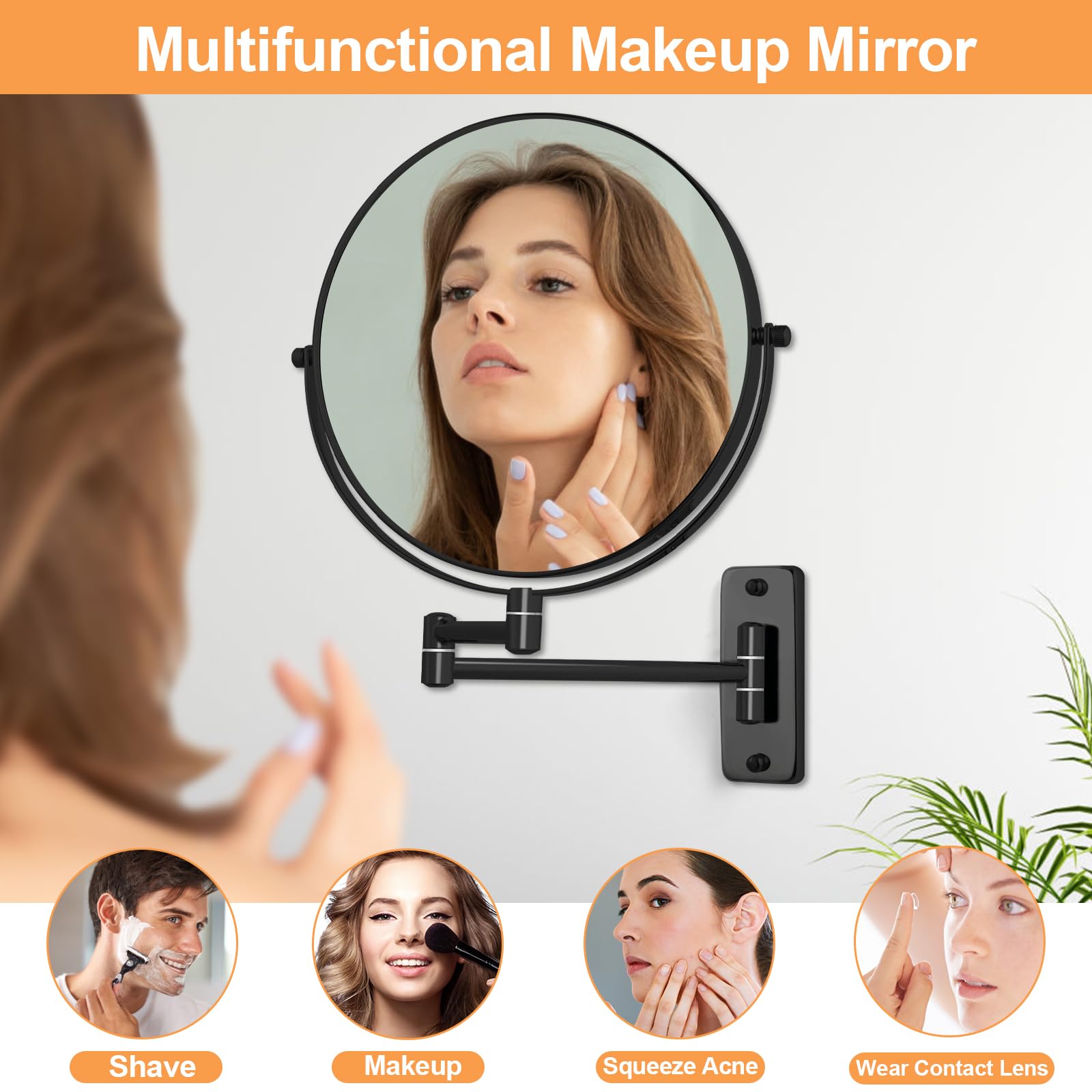 FFowcye 8" Wall Mounted Magnifying Makeup Mirror, 1X/10X, 360° Swivel, Black, Model FF018-DE, Extendable Vanity Mirror for Bathroom