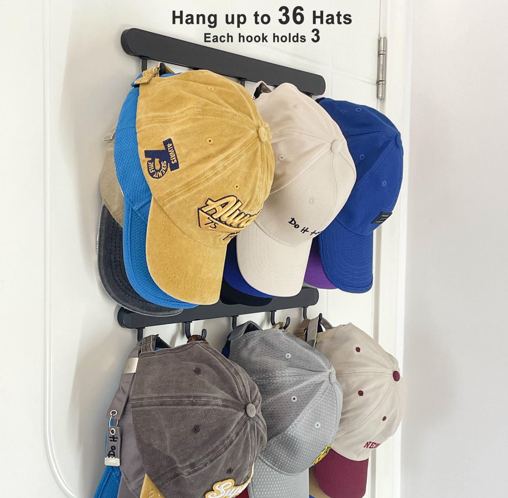 Etowifa Adhesive Hat Organizer Rack For Baseball Caps [Up To 36 Caps] Hat Hanger Display For Wall/Closet/Over The Door, Room/Col