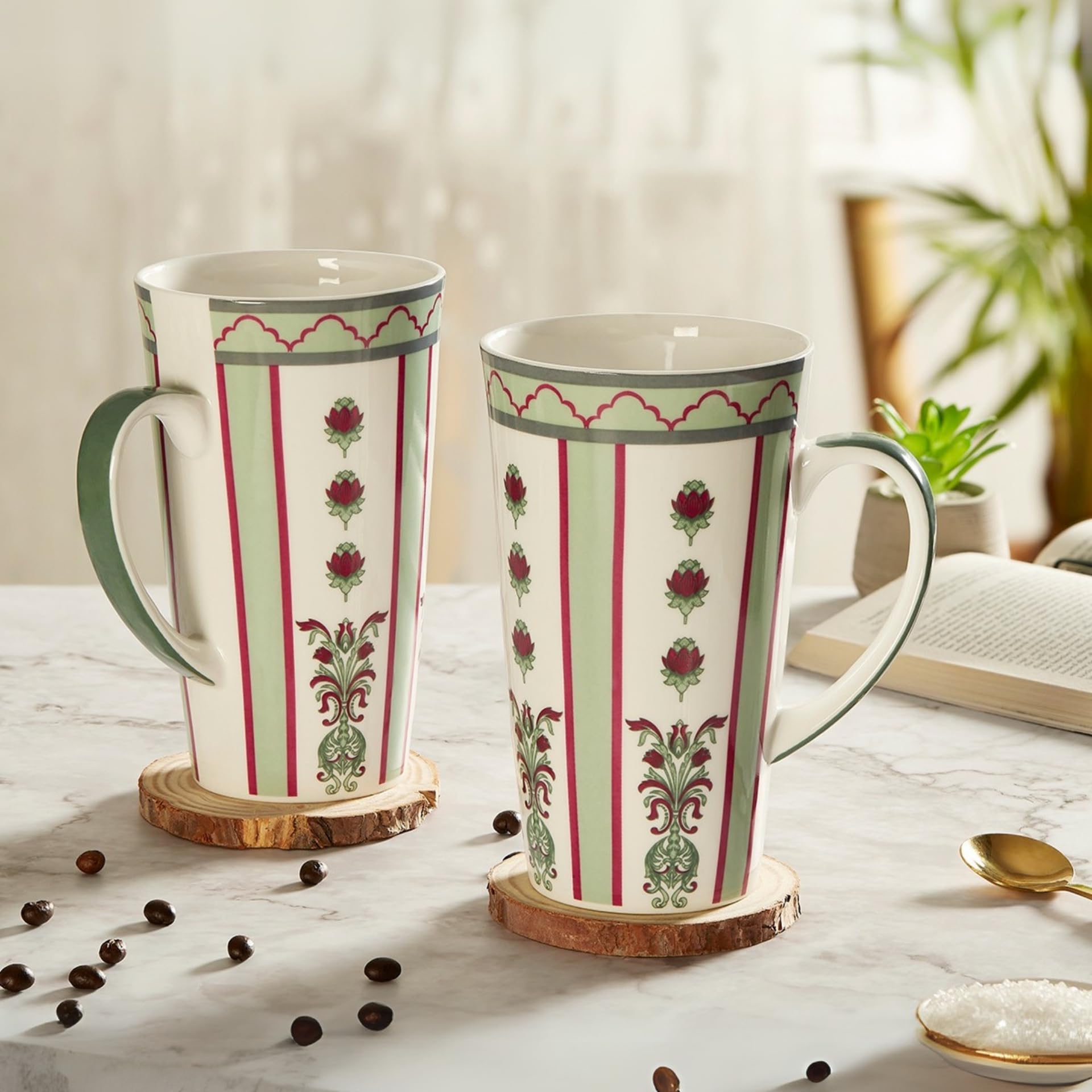 India Circus Fine Elegant Design Ceramic Tall Milk Mugs for Home and Kitchen (Multicolor, 600 ml)  Set of 2 (CC19)