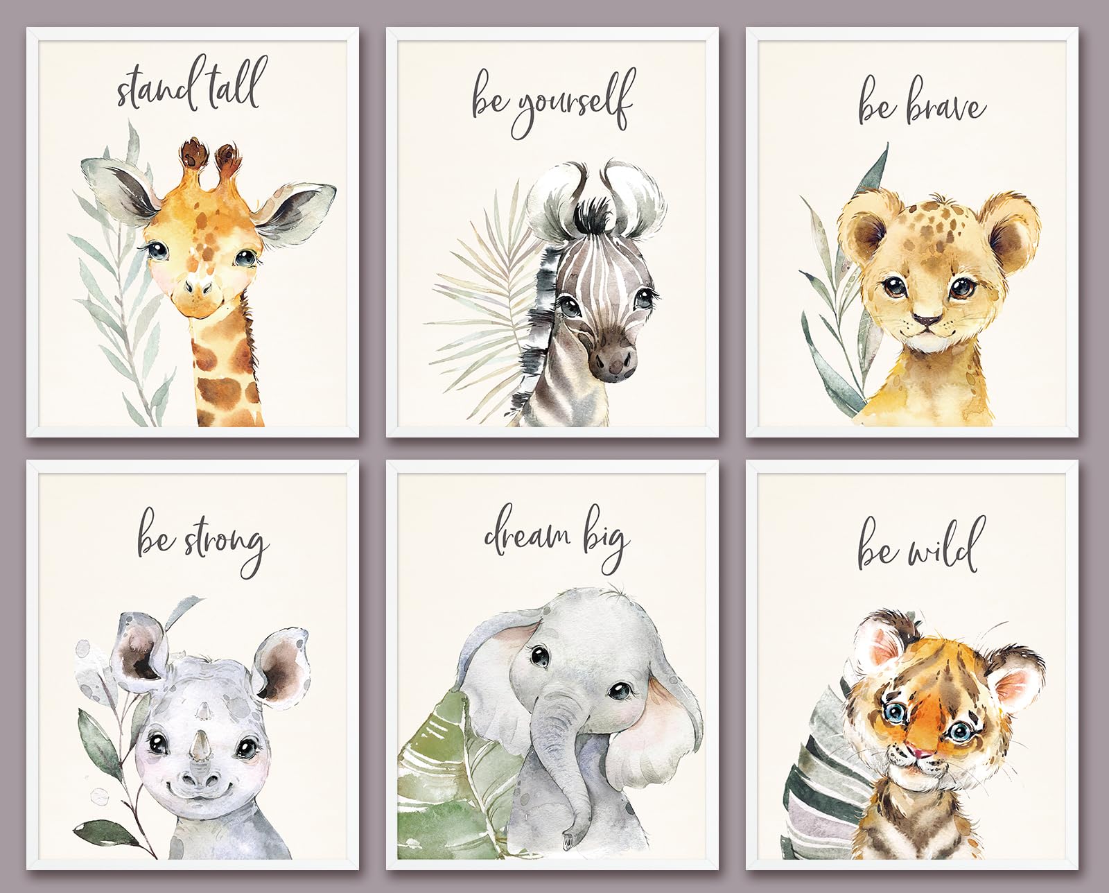 6 Pcs Cartoon Animals Wall Art Nursery Decor Cute Elephant Giraffe Leopard Zebra Tiger Inspirational Wall Decor Unframed Posters