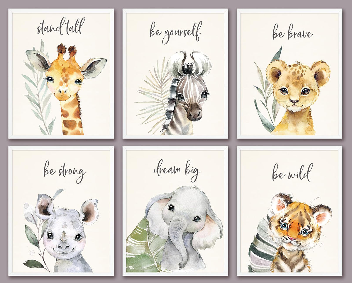 6 Pcs Cartoon Animals Wall Art Nursery Decor Cute Elephant Giraffe Leopard Zebra Tiger Inspirational Wall Decor Unframed Posters