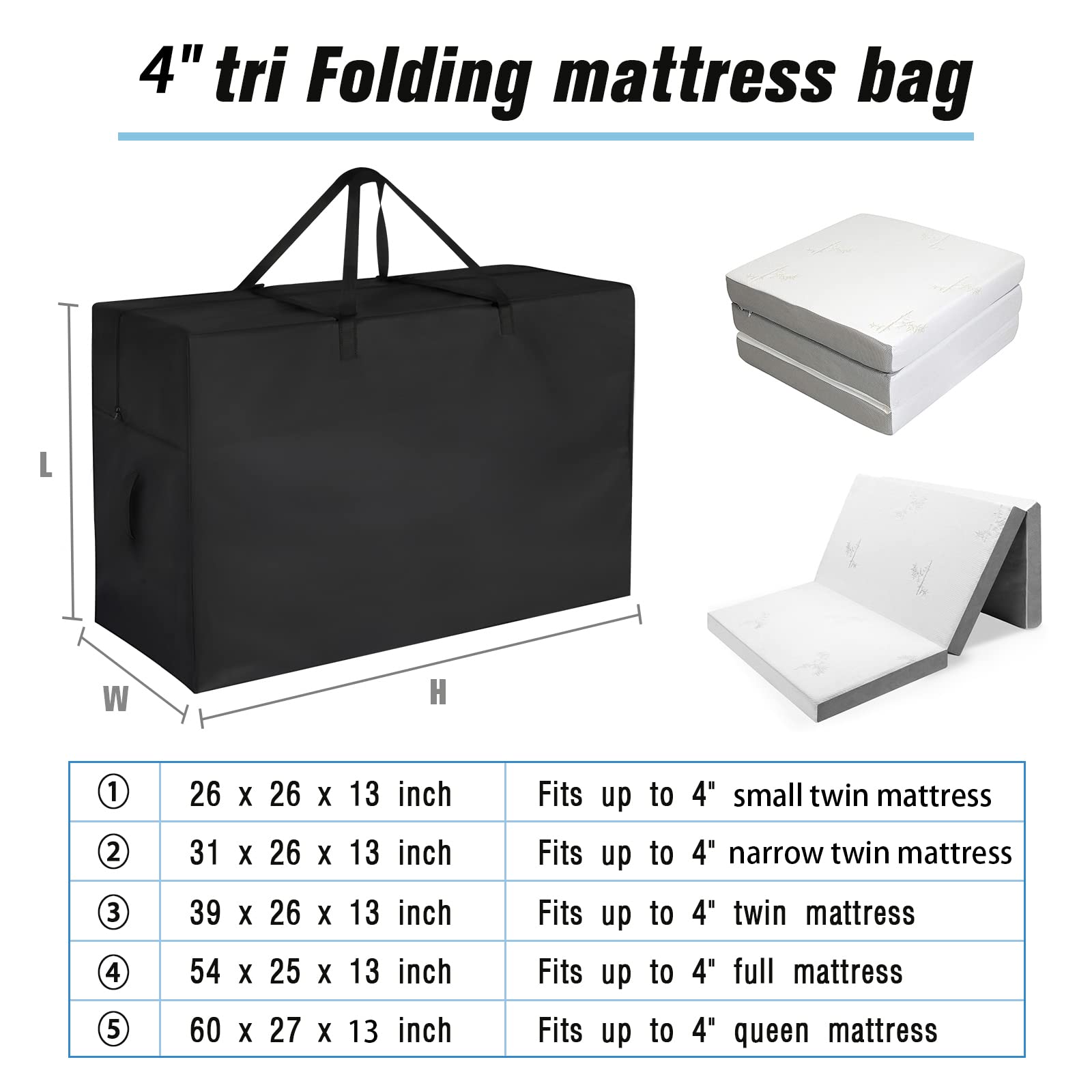 Jungda Folding Mattress Storage Bags,Trifold Memory Foam Mattress Case,Portable Carrying Bag For 4'' Full Size Tri Fold Mattress