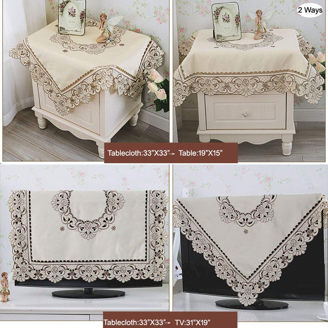 Lelehome 33 Inch X 33 Inch Square Classic Brown Flowers Embroidered Lace Beige Tablecloth, Vintage Dining Table Cloth Wrinkle Fr